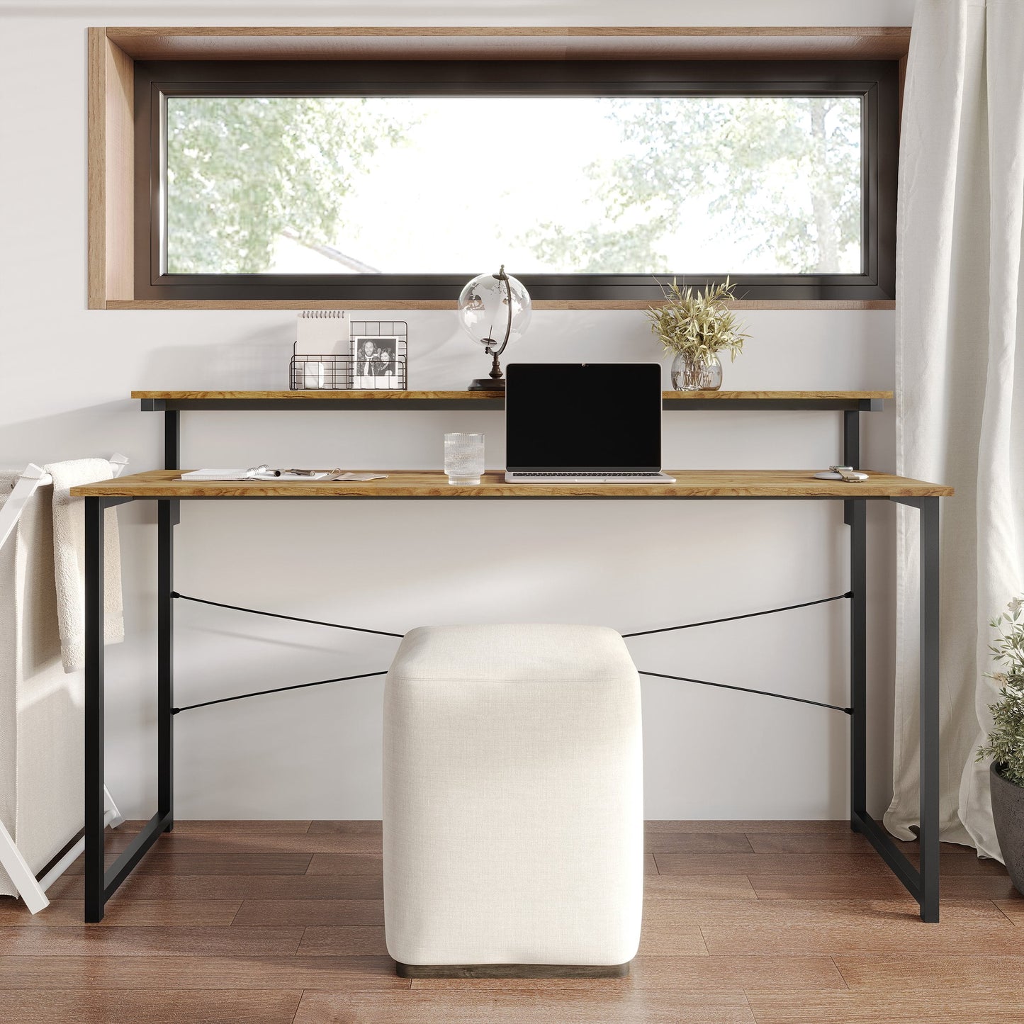Castle Place Minimalist 55" Metal Computer Desk With Shelf, Light Oak