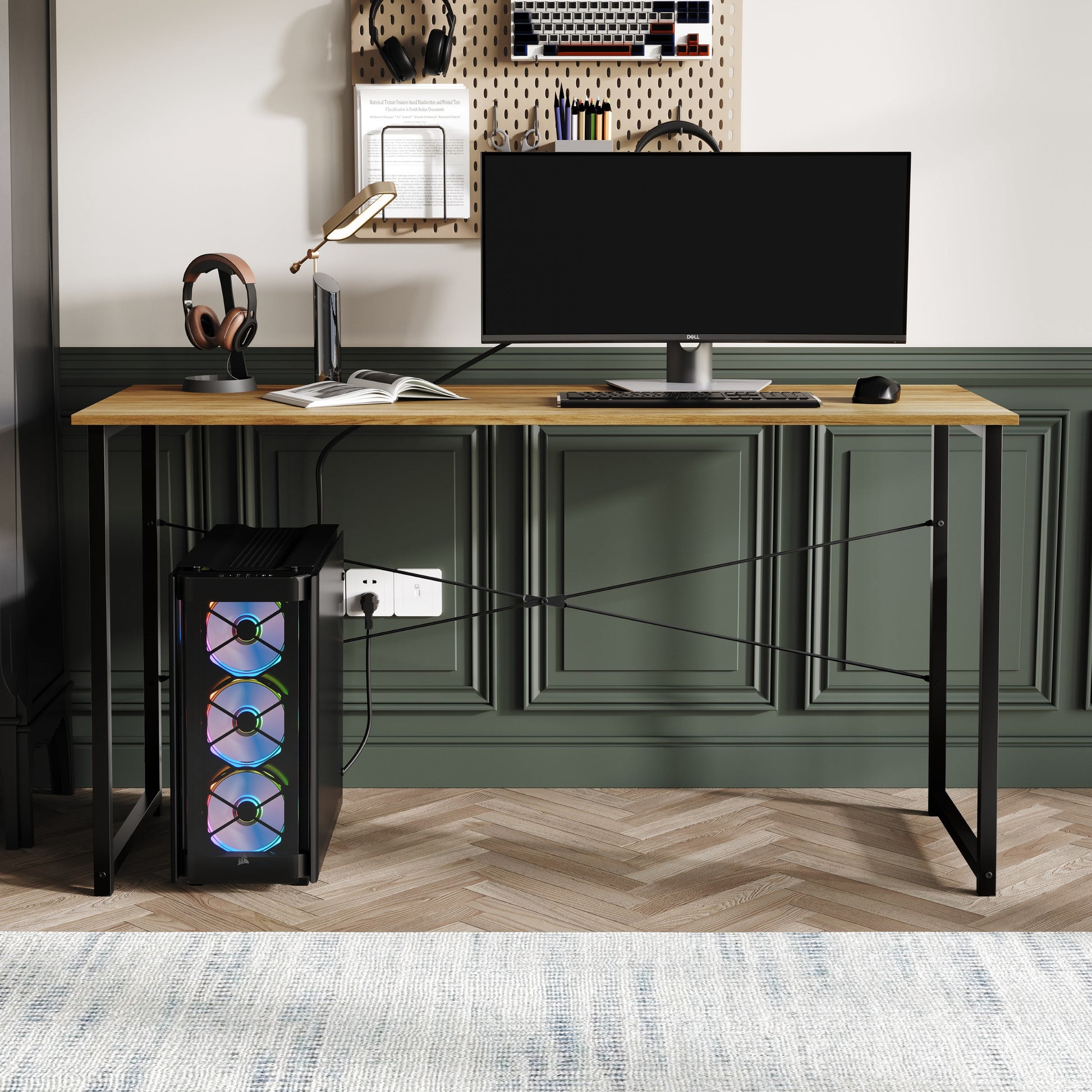 Castle Place Modern 55" Metal Computer Desk, Light Oak