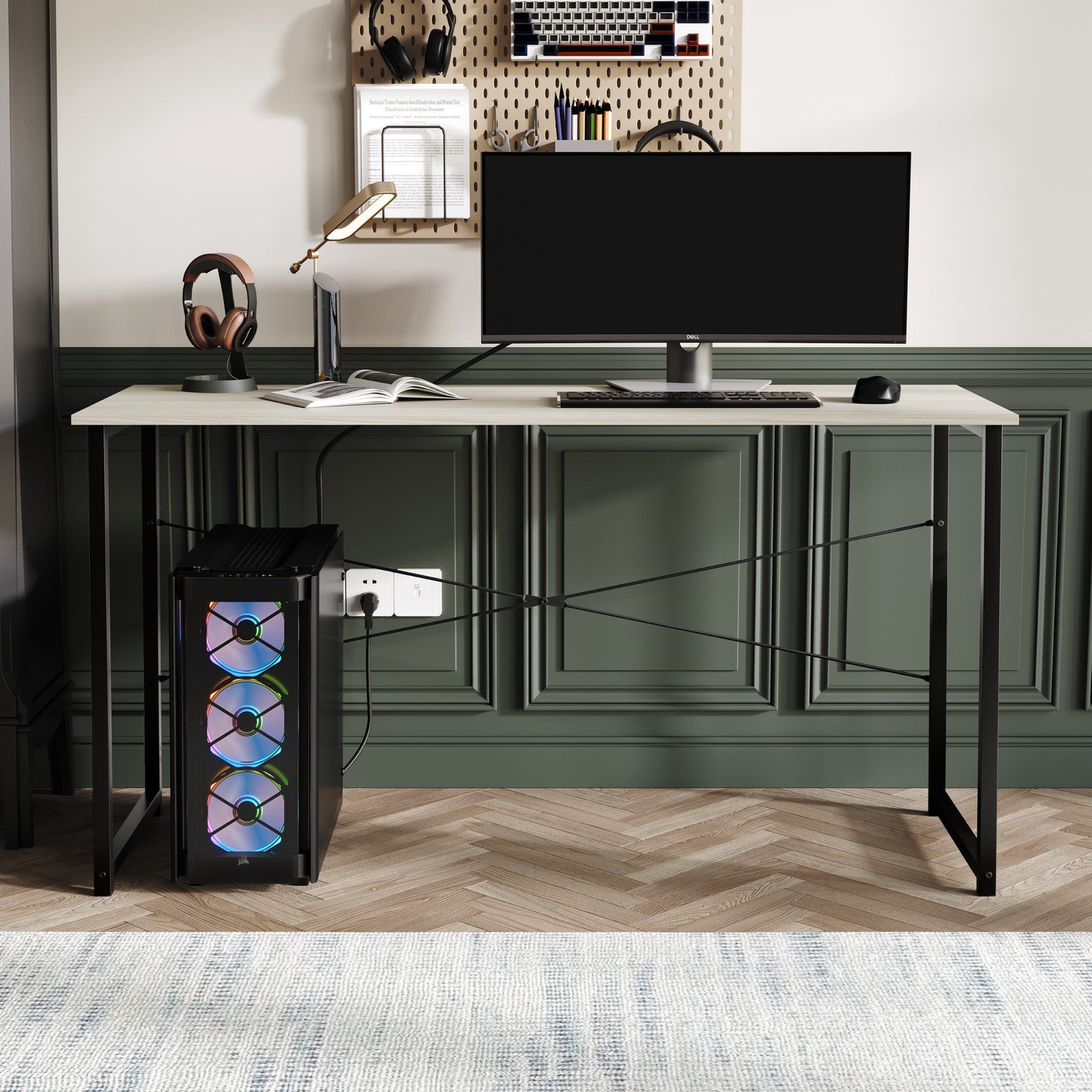 Castle Place Modern 55" Metal Computer Desk, Light Grey