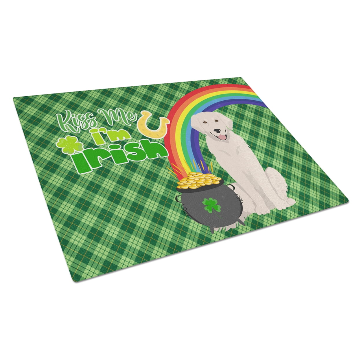 Cream Golden Retriever St. Patrick's Day Glass Cutting Board Large 12 in x 15 in