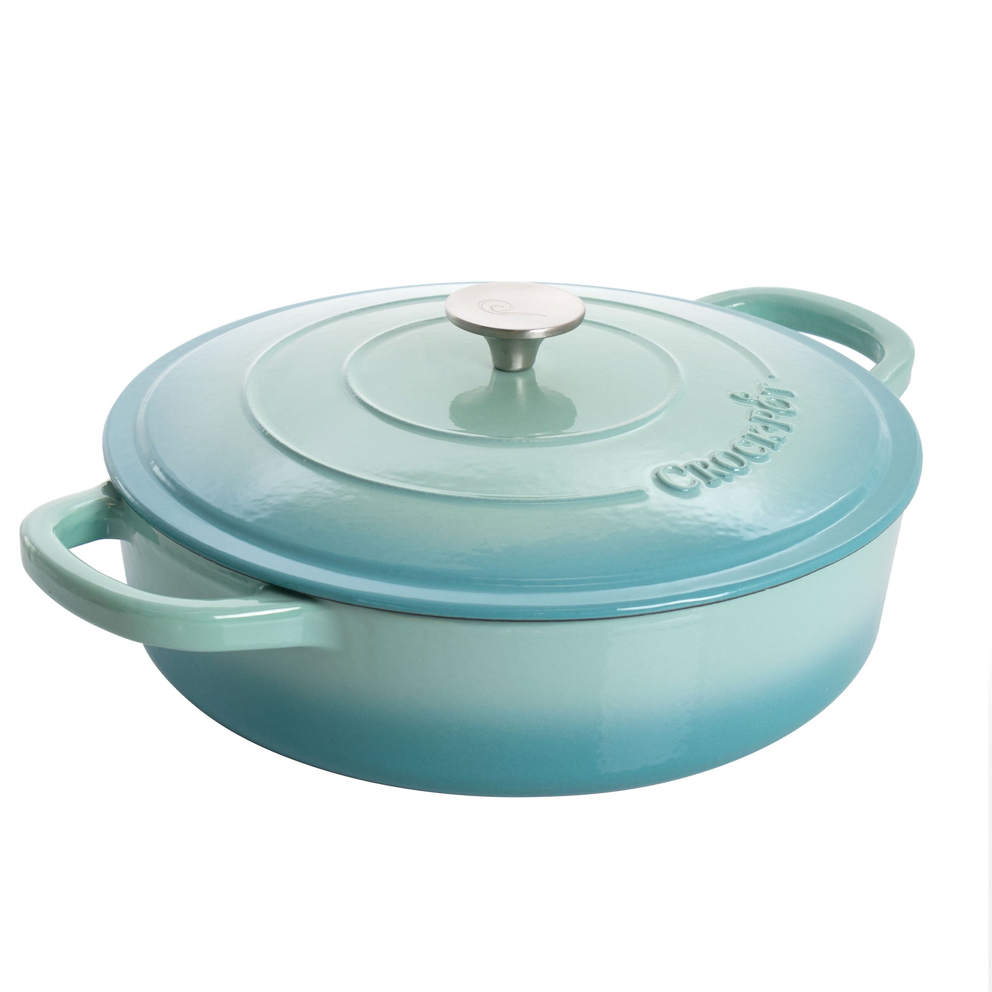 Crock-Pot Artisan 5 Quart Round Enameled Cast Iron Braiser Pan with Self Basting Lid in Aqua Blue