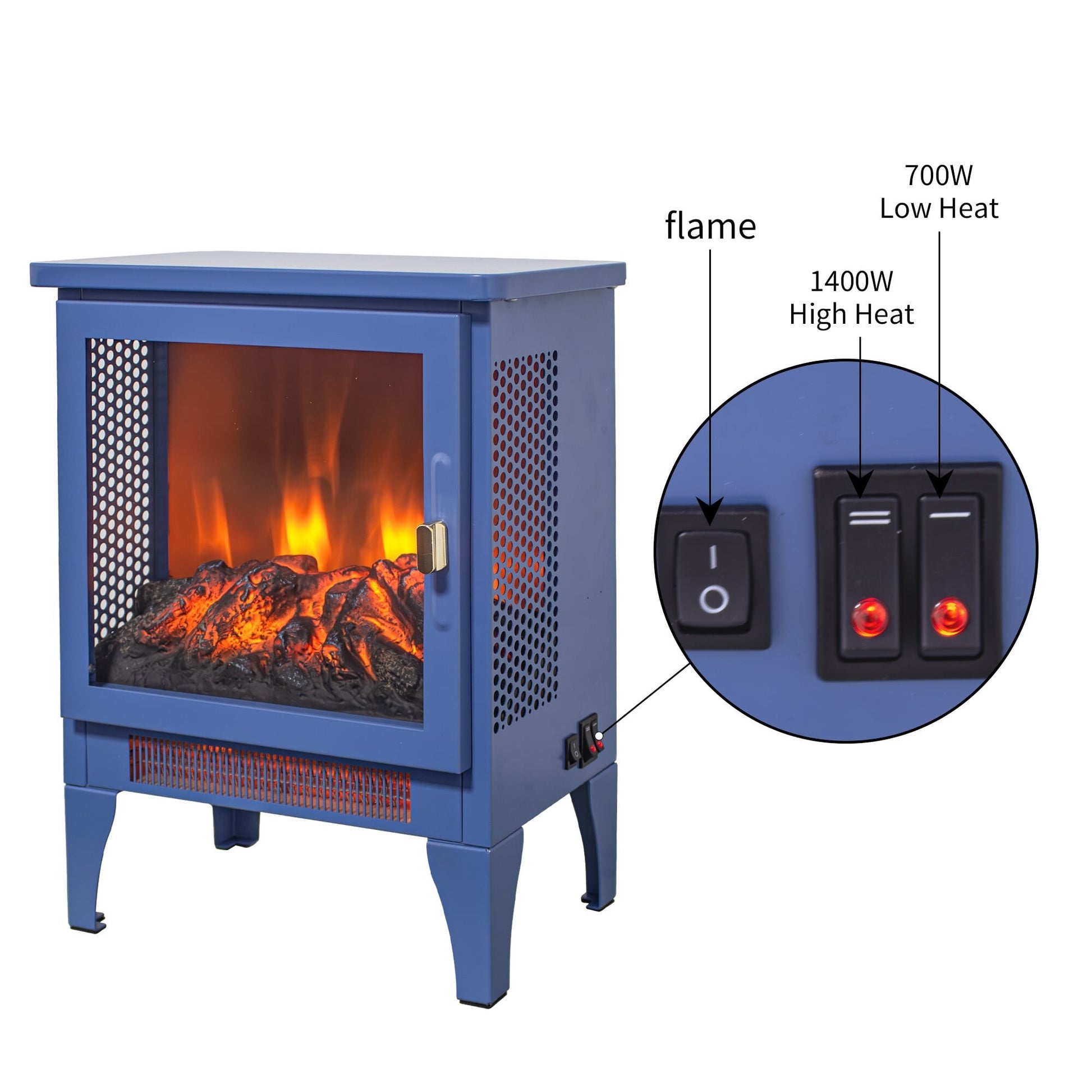 DEALTOPS 14.2" Electric Fireplace Stove Heater, 3D Flame, Portable Space Heater with Dual Heat Settings, Blue