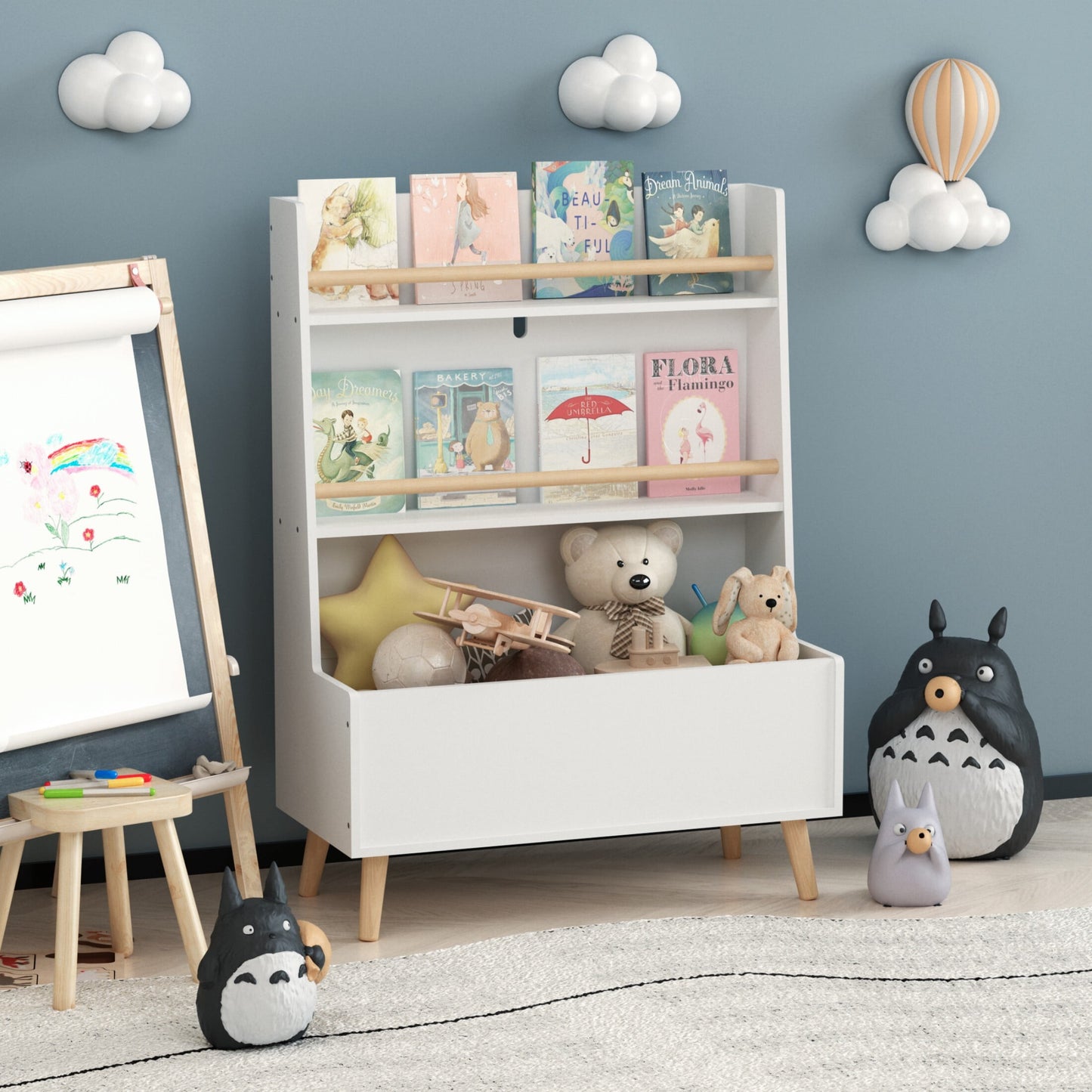 DEALTOPS Kids Bookshelf with Toy Storage, 3-Tier Wooden Children Bookcase Toy Display Shelf, White