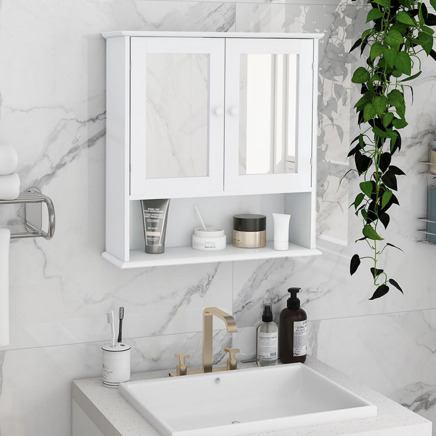 DEALTOPS Stylish Wall Mounted Bathroom Mirror Cabinet with Open Shelves and 2 Doors, White