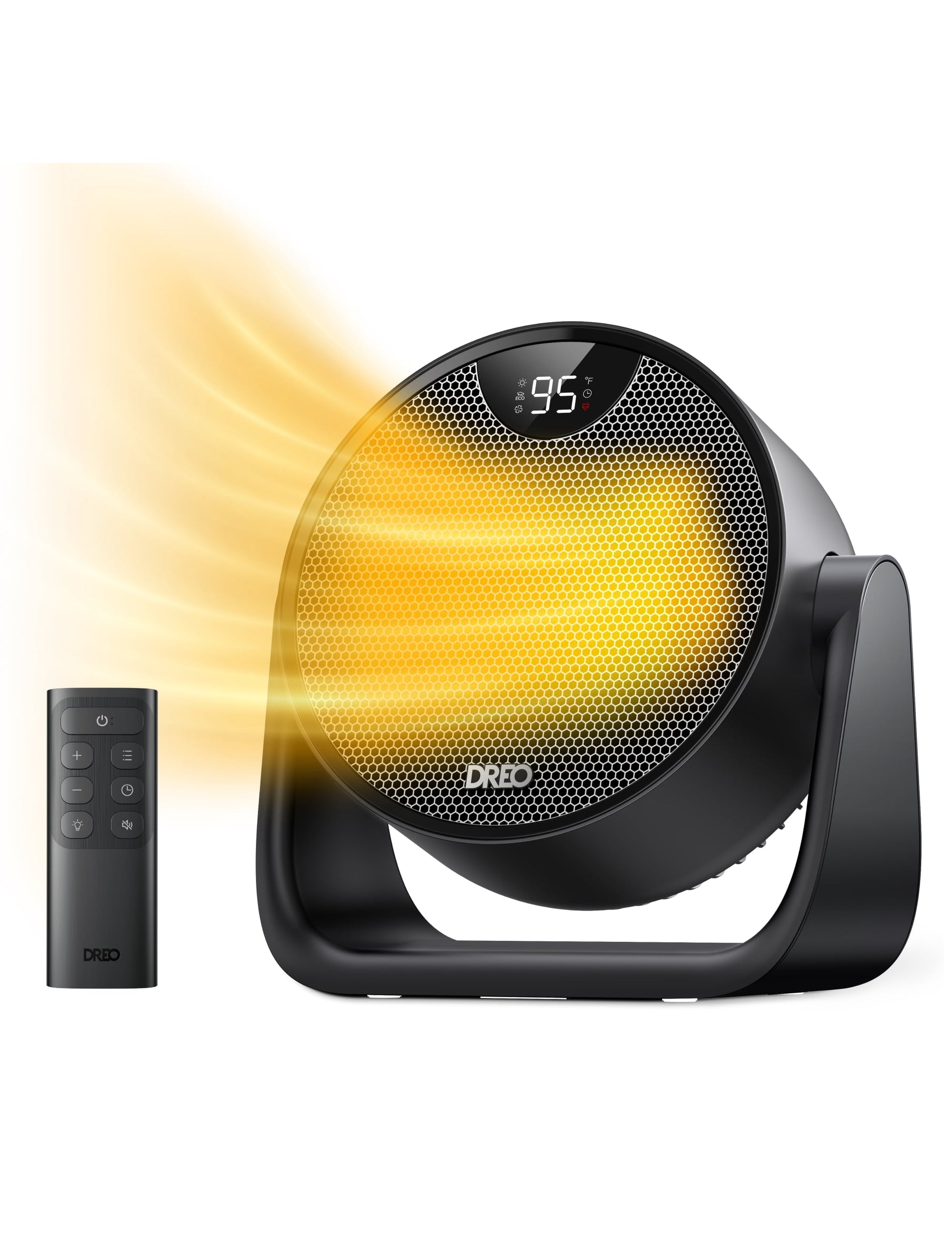DREO Heater, Circular Space Heater 60Â° Adjustable Tilt, Precise Temperature Control 41 - 95Â°F for Home or Office, Whisper-Quiet Warmth, 12H Timer, 3 Heat, 1 Fan and ECO Modes, Remote, 8-Layer Safety