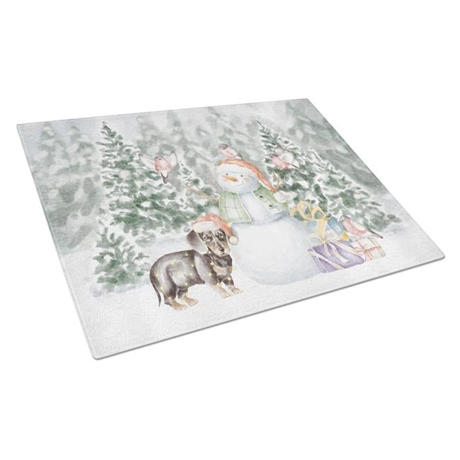 Dachshund Black and Tan Standing with Christmas Presents Glass Cutting Board Large 12 in x 15 in