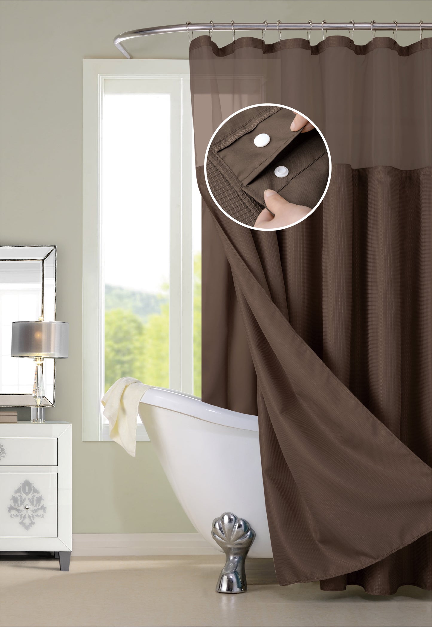 Dainty Home Complete Waterproof Shower Curtain with Detachable Liner in Brown