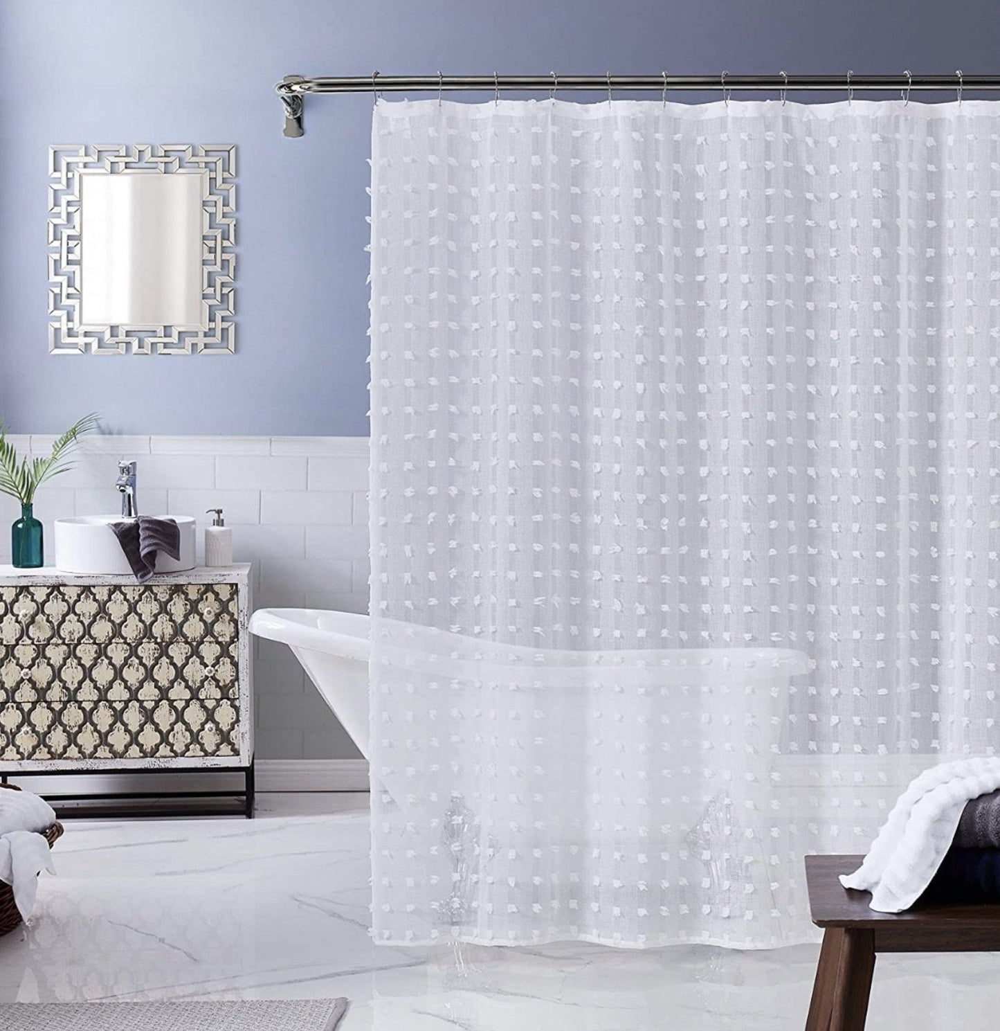 Dainty Home Cut Modern Flower 3D Linen-Look Fabric Shower Curtain, 70 inch x 72 inch, Textured Solid White