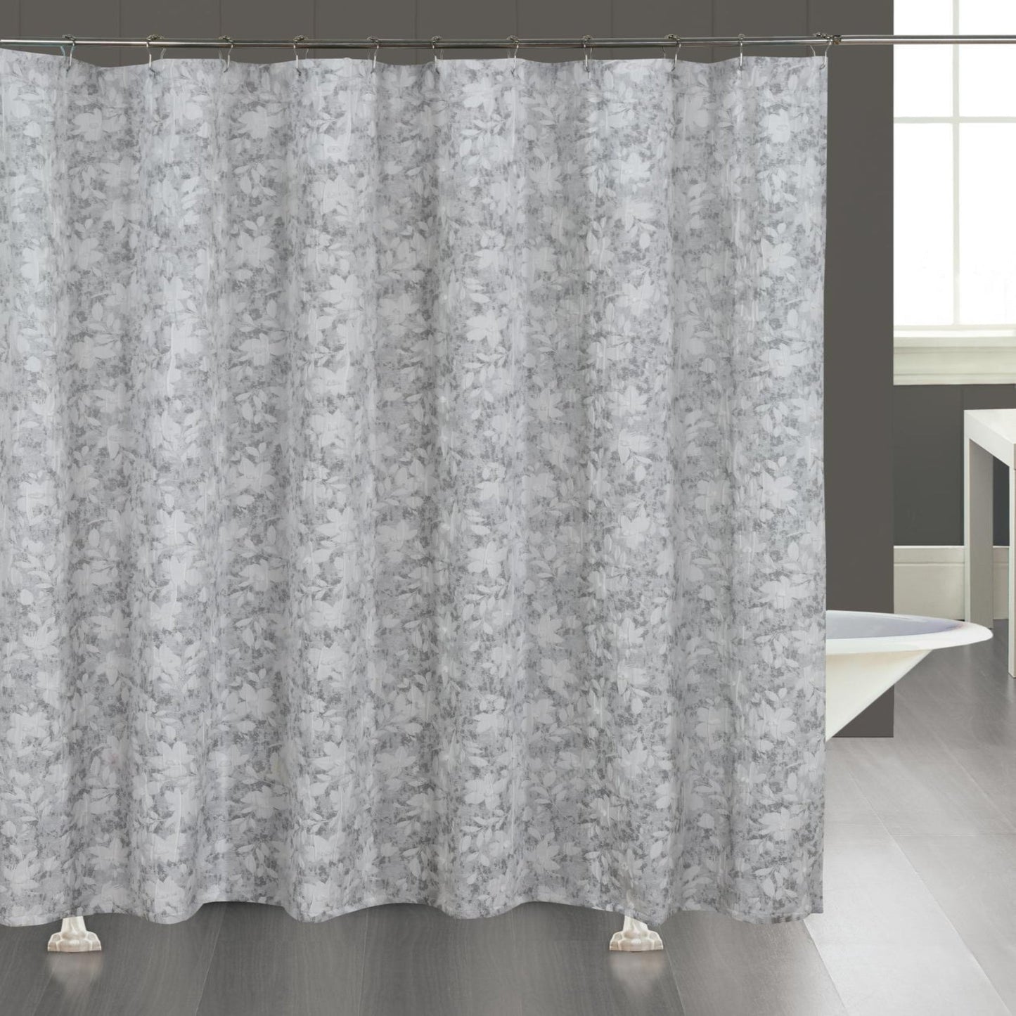 Dainty Home Laureen Floral Jacquard Shower Curtain with Textured Puffs, Polyester Fabric, 72 x 72 Inches