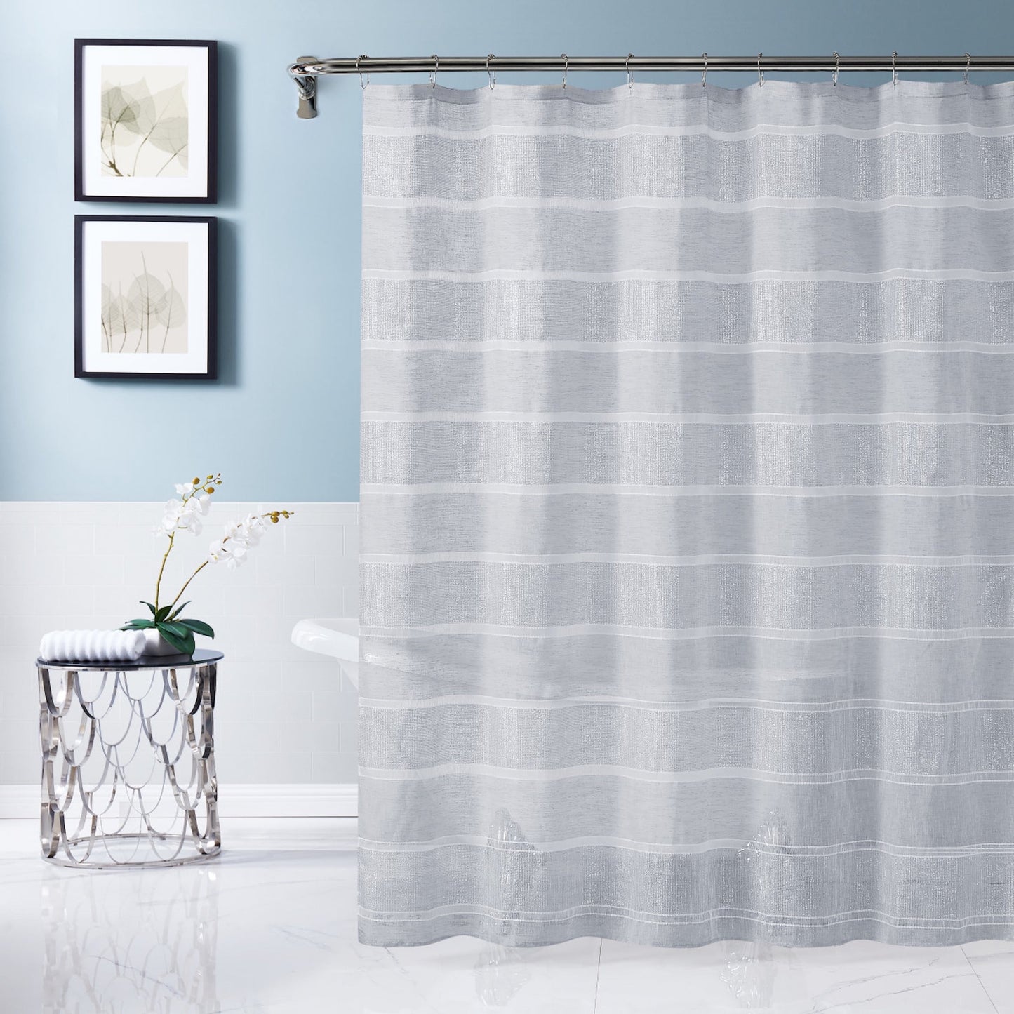 Dainty Home Lurex Stripe 3D Lurex Embedded Textured Striped Linen Look Fabric Shower Curtain 70"W x 72"L in Silver