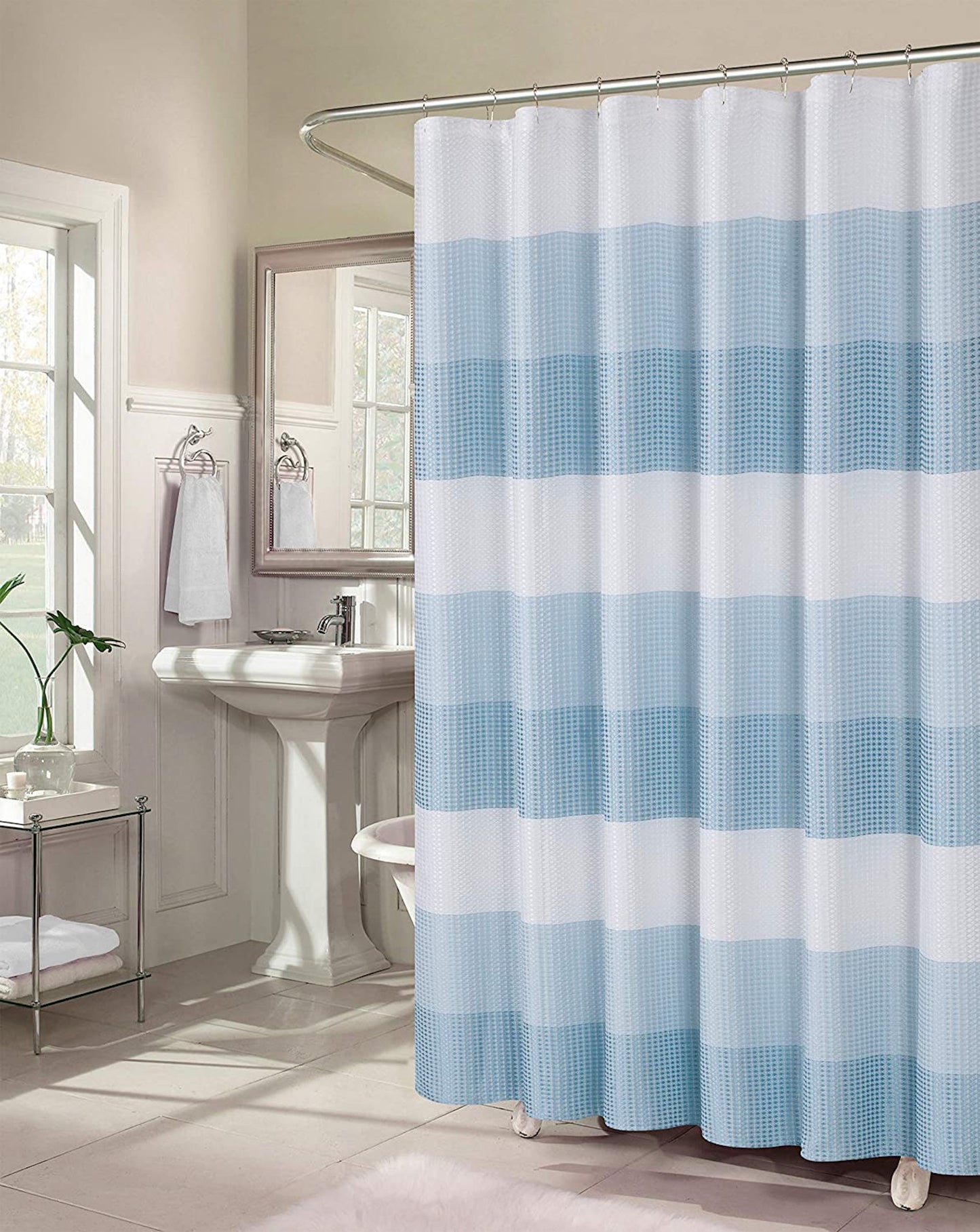 Dainty Home Waffle Weave Ombre Stripe Fabric Shower Curtain, 70 x 72 In Blue