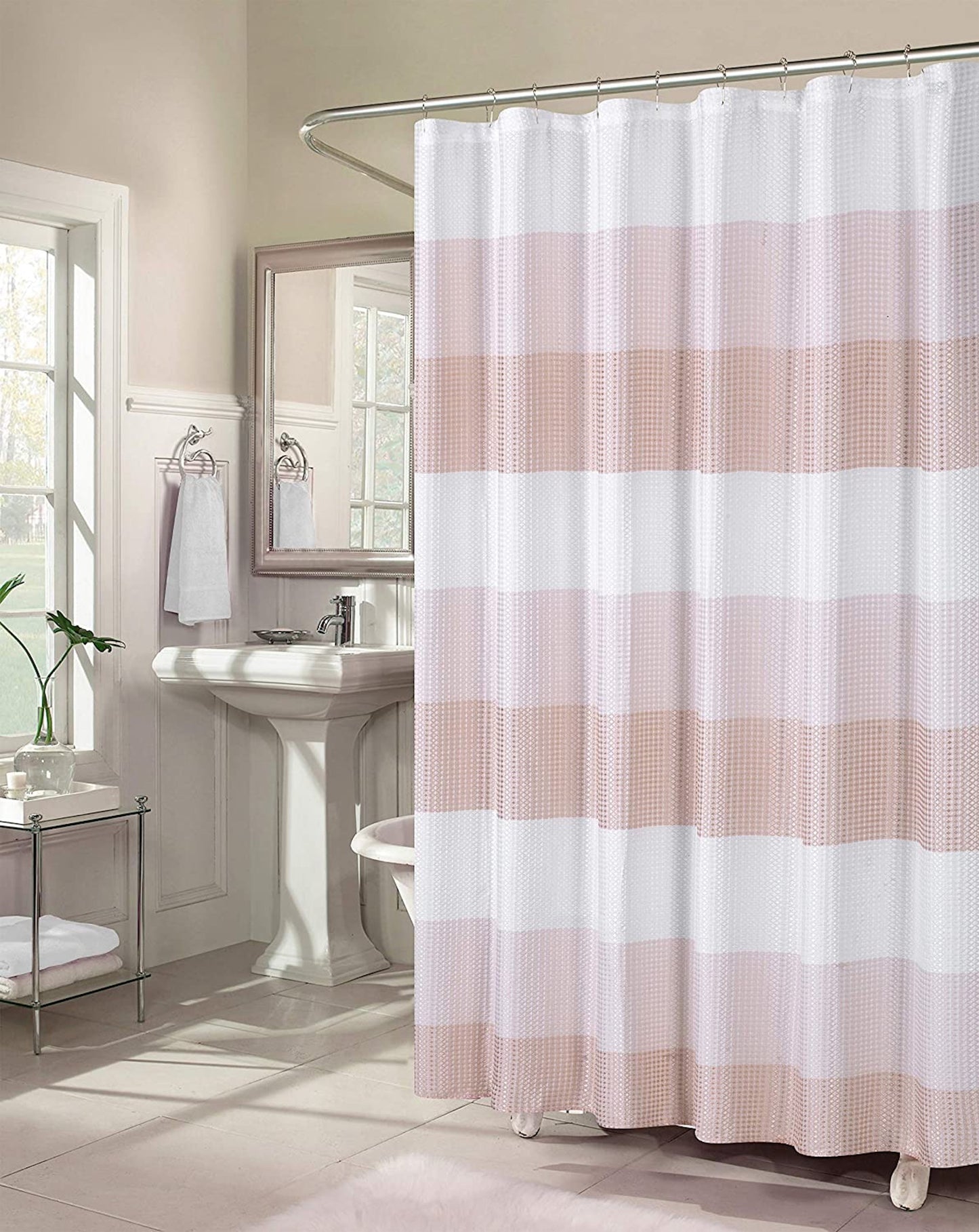 Dainty Home Waffle Weave Ombre Stripe Fabric Shower Curtain, 70 x 72 In Blush
