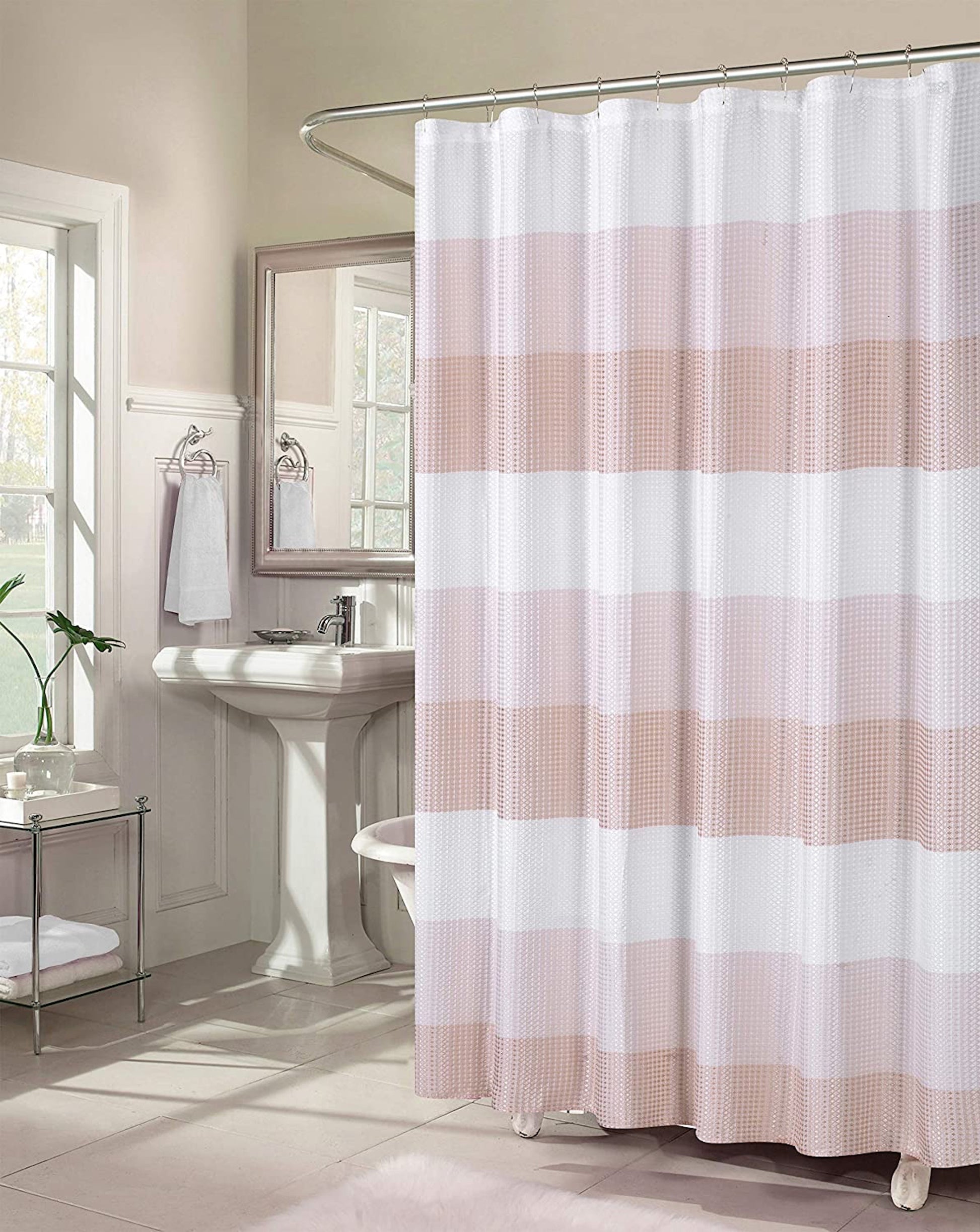 Dainty Home Waffle Weave Ombre Stripe Fabric Shower Curtain, 70 x 72 In Blush