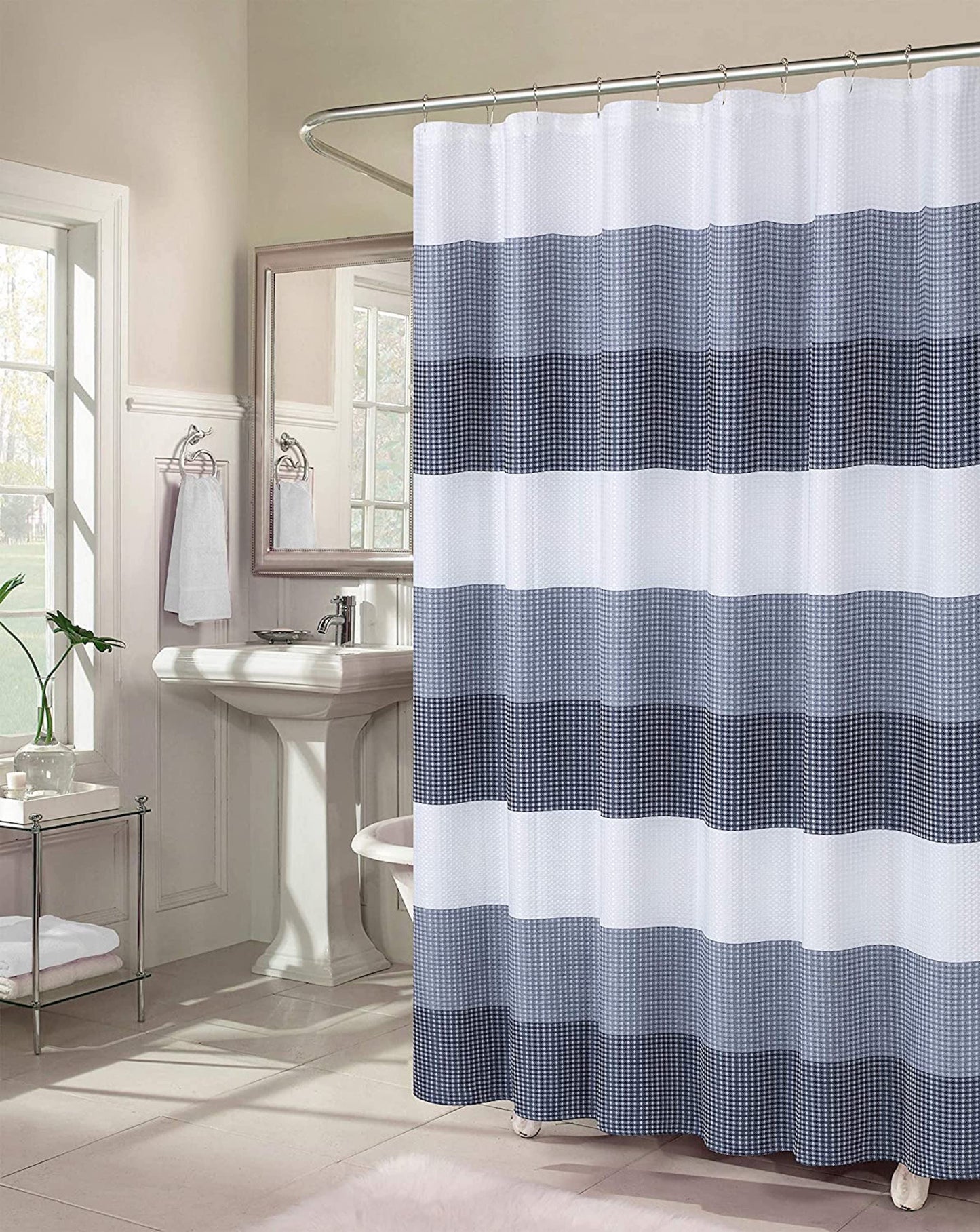 Dainty Home Waffle Weave Ombre Stripe Fabric Shower Curtain, 70 x 72 In Navy