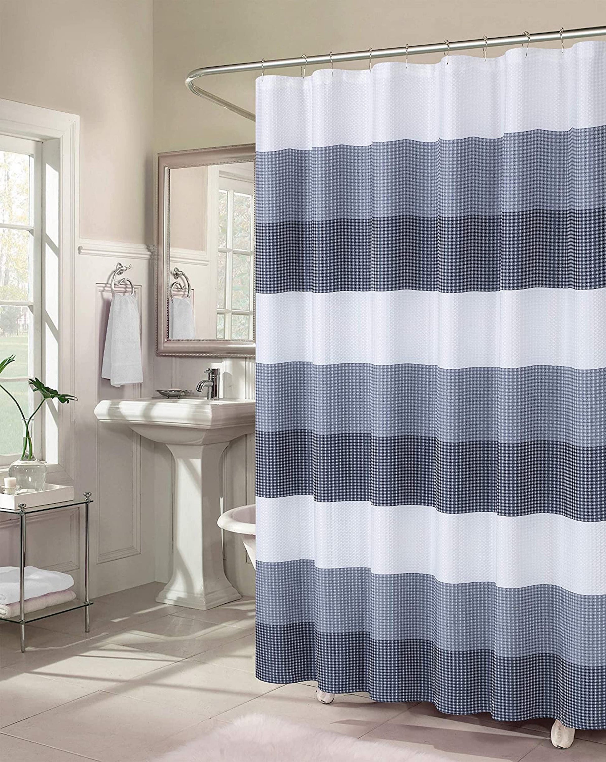 Dainty Home Waffle Weave Ombre Stripe Fabric Shower Curtain, 70 x 72 In Navy