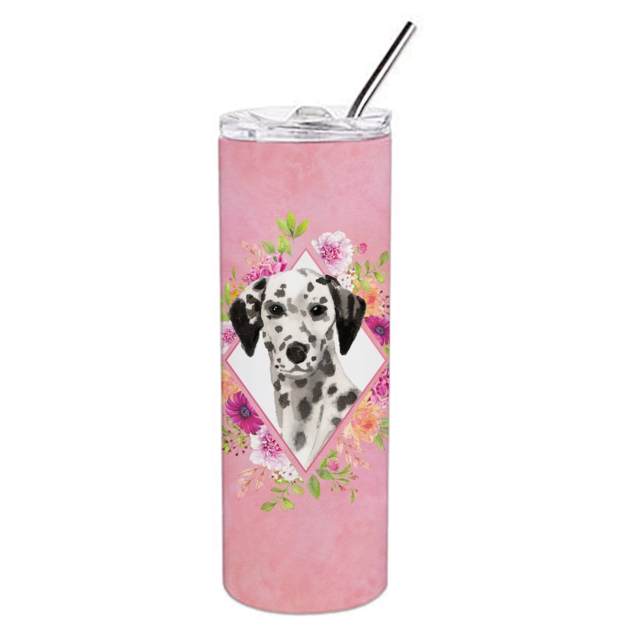 Dalmatian Pink Flowers Double Walled Stainless Steel 20 oz Skinny Tumbler