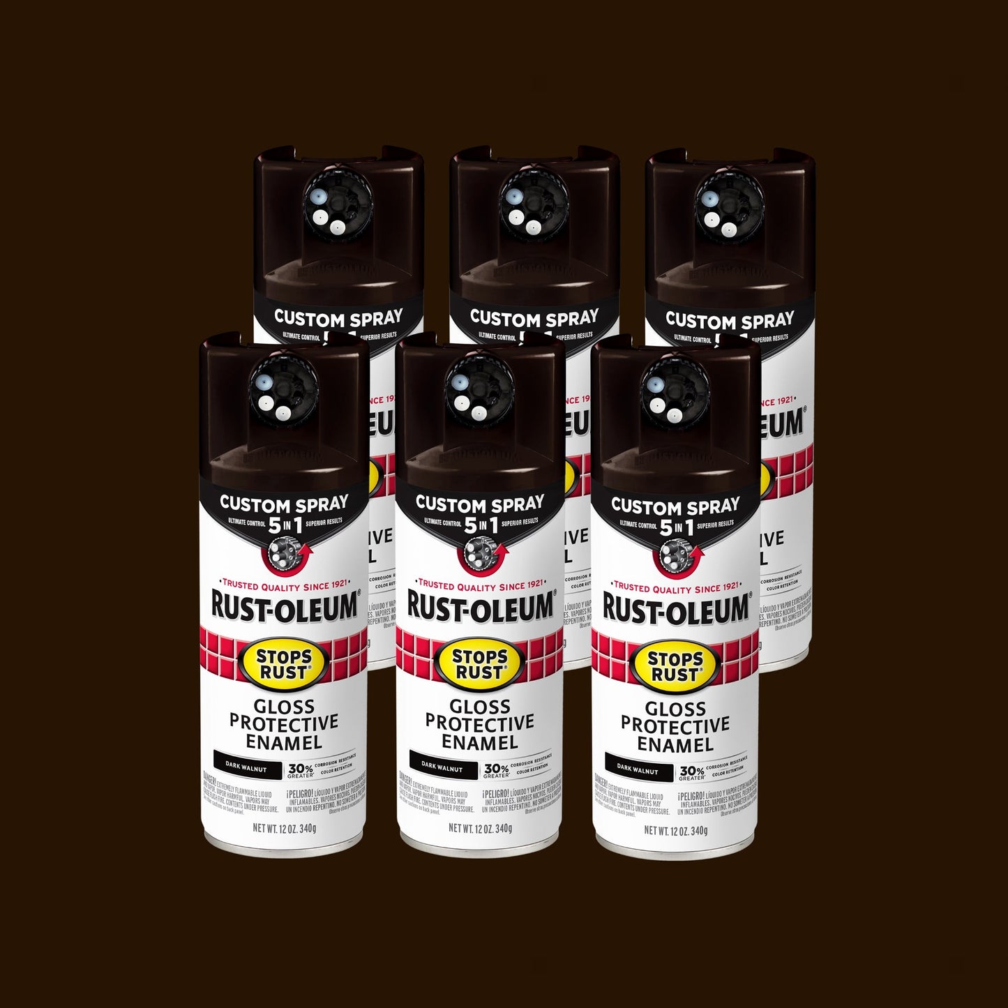 6 Pack, Dark Walnut, Rust-Oleum Stops Rust Custom Spray 5 in 1 Gloss Spray Paint-376890, 12 oz