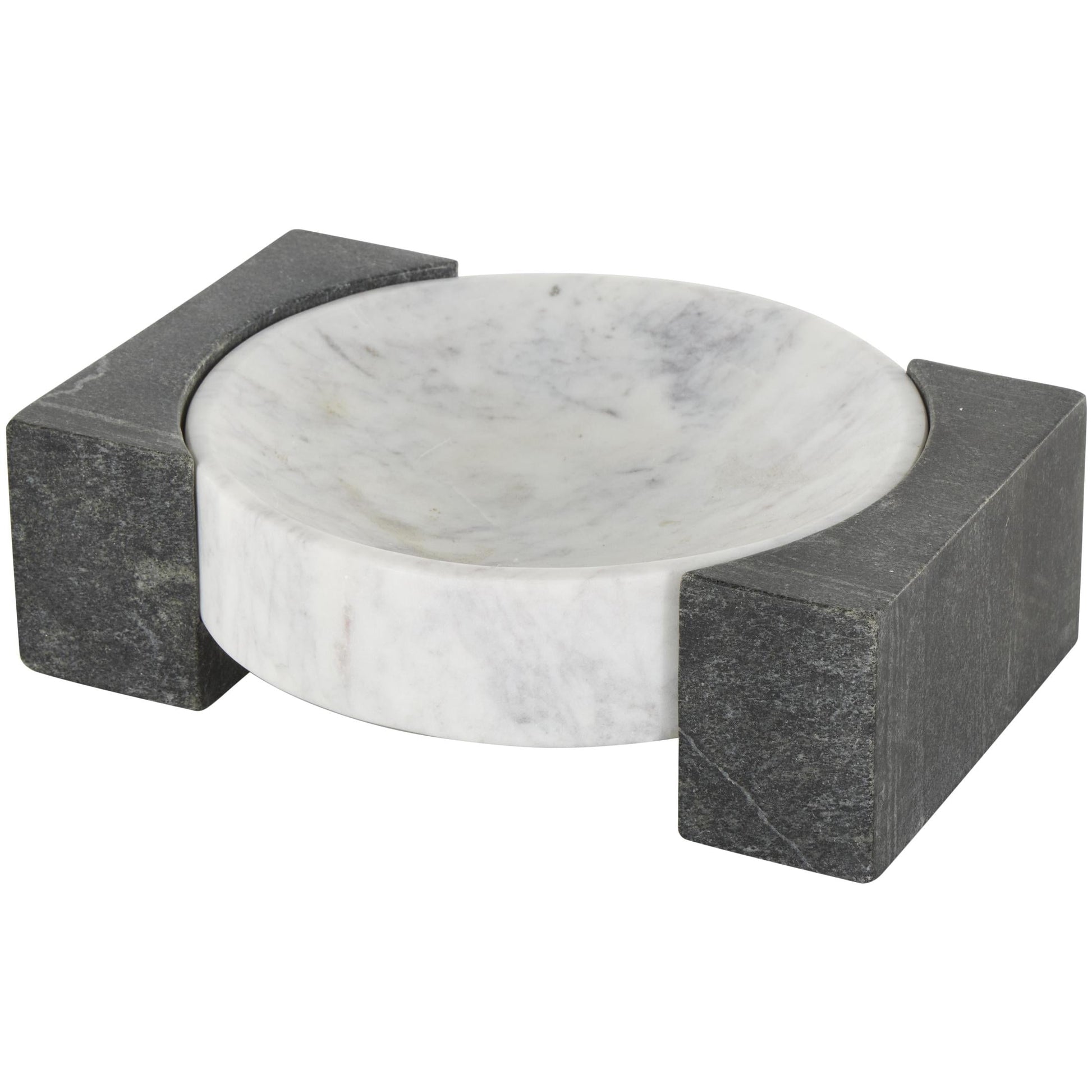 DecMode 10" x 8" White Marble Round Geometric Tray with Black Rectangular Blocks, 1-Piece