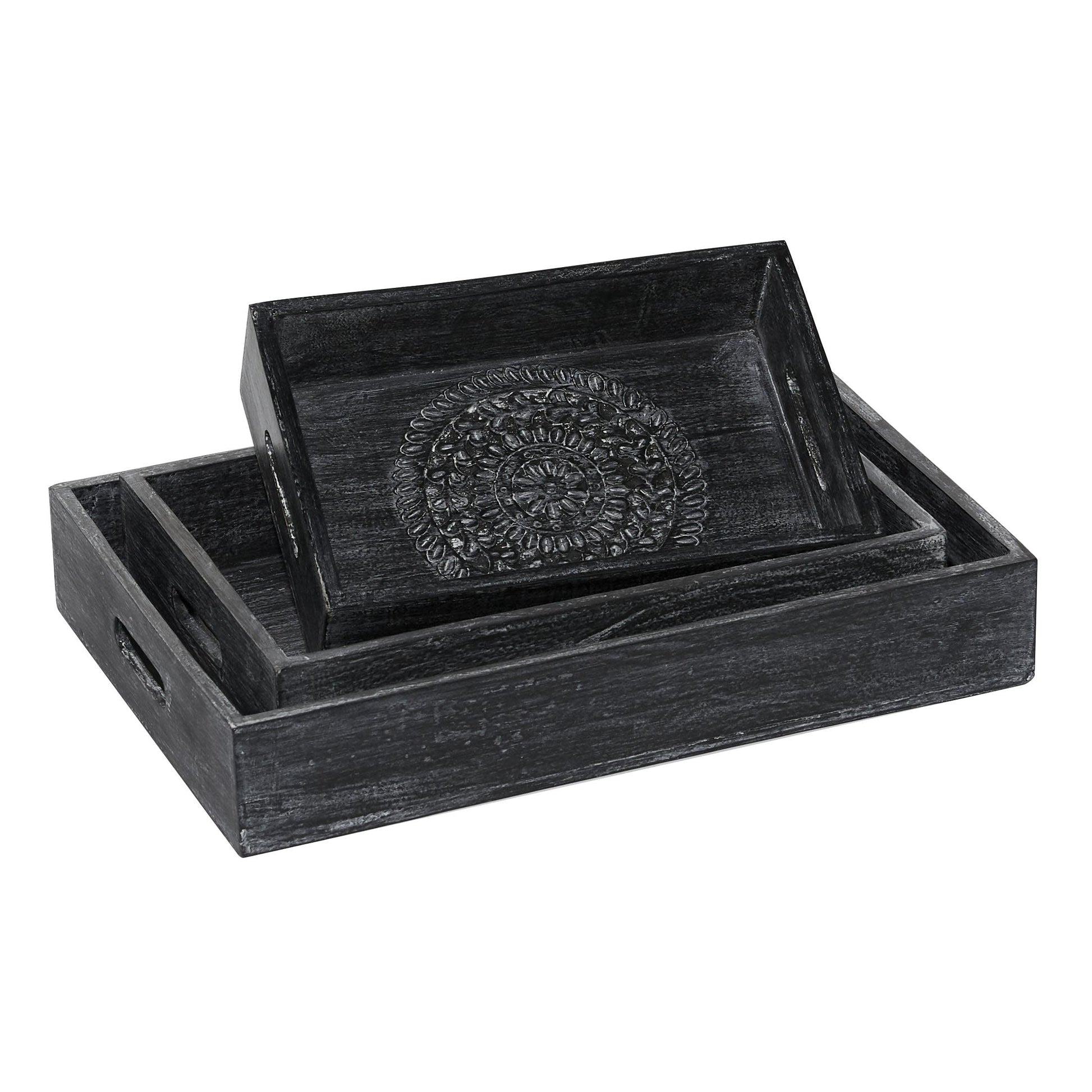 DecMode Bandeja Floral Tallada Intrincada de Madera Negra de 12", 15", 18" de Ancho, 3 Piezas