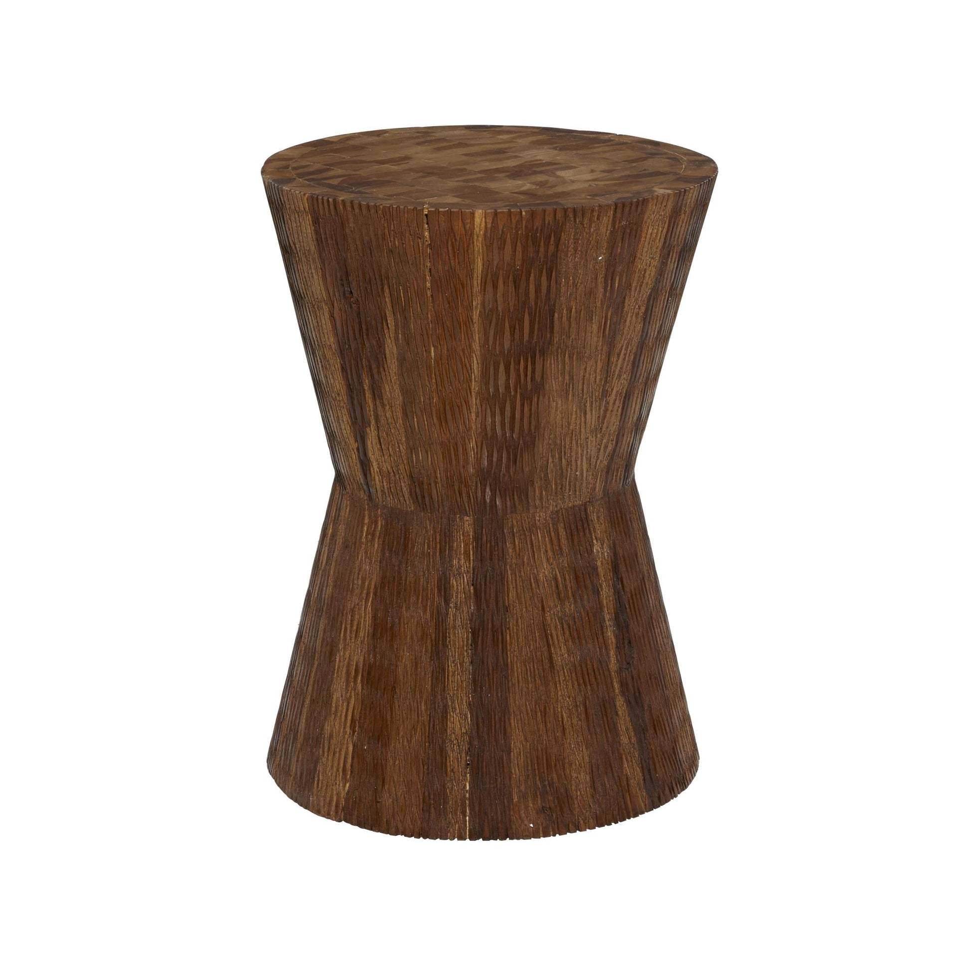 DecMode 13" x 18" Brown Teak Wood Handmade Intricately Carved Drum Accent Table, 1-Piece