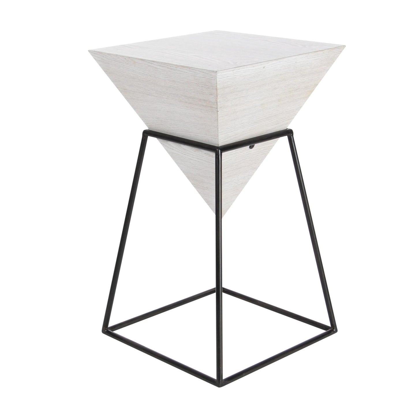DecMode 14" x 24" White Wood Inverted Pyramid Geometric Accent Table with Black Metal Stand, 1-Piece