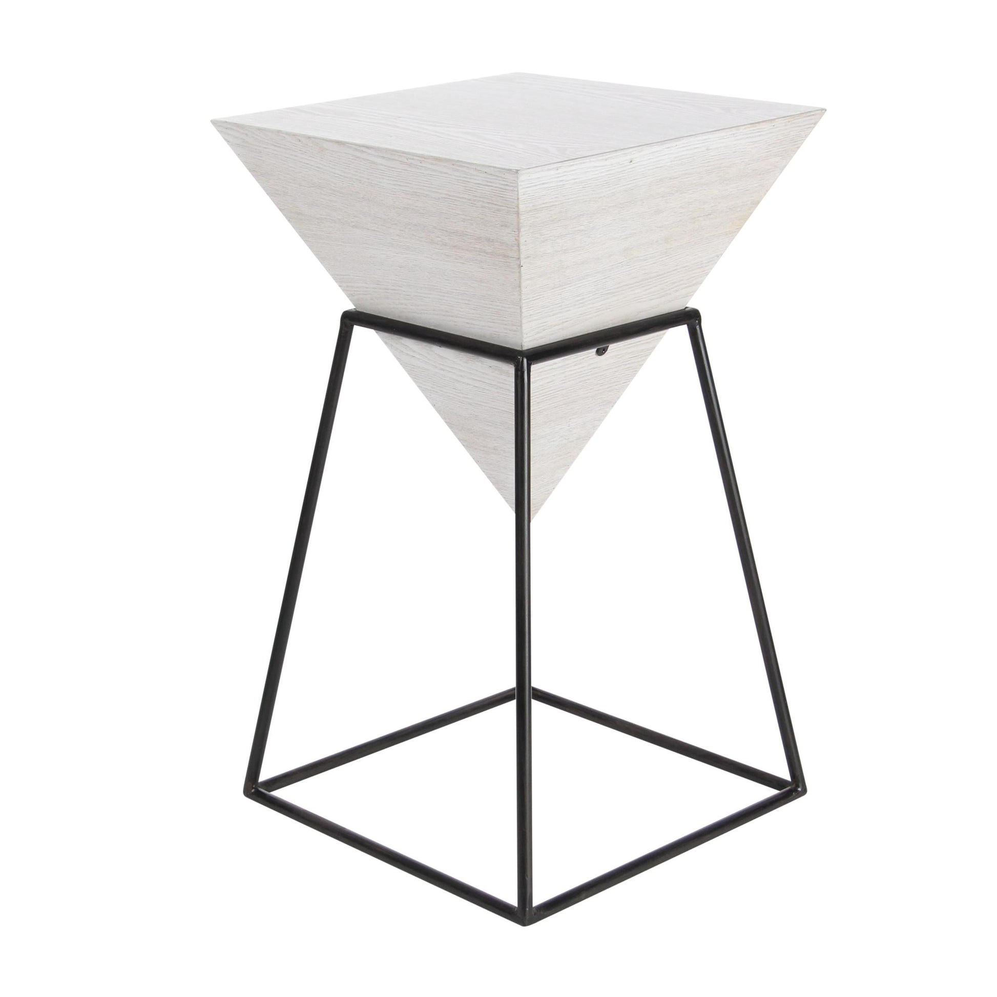 DecMode 14" x 24" White Wood Inverted Pyramid Geometric Accent Table with Black Metal Stand, 1-Piece