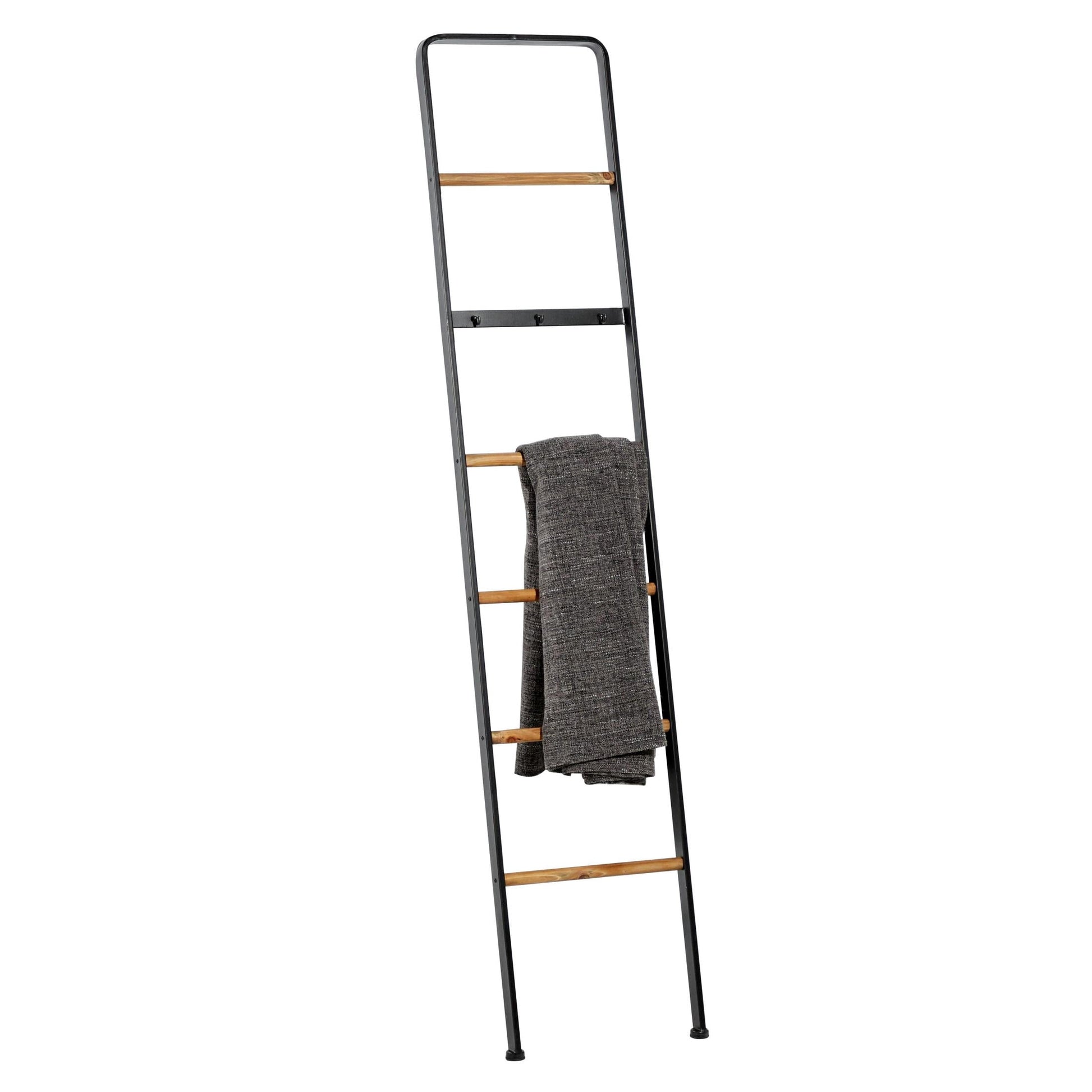 DecMode 15" x 72" Black Metal Slim 3 Hook Ladder with 5 Brown Wood Rungs, 1-Piece