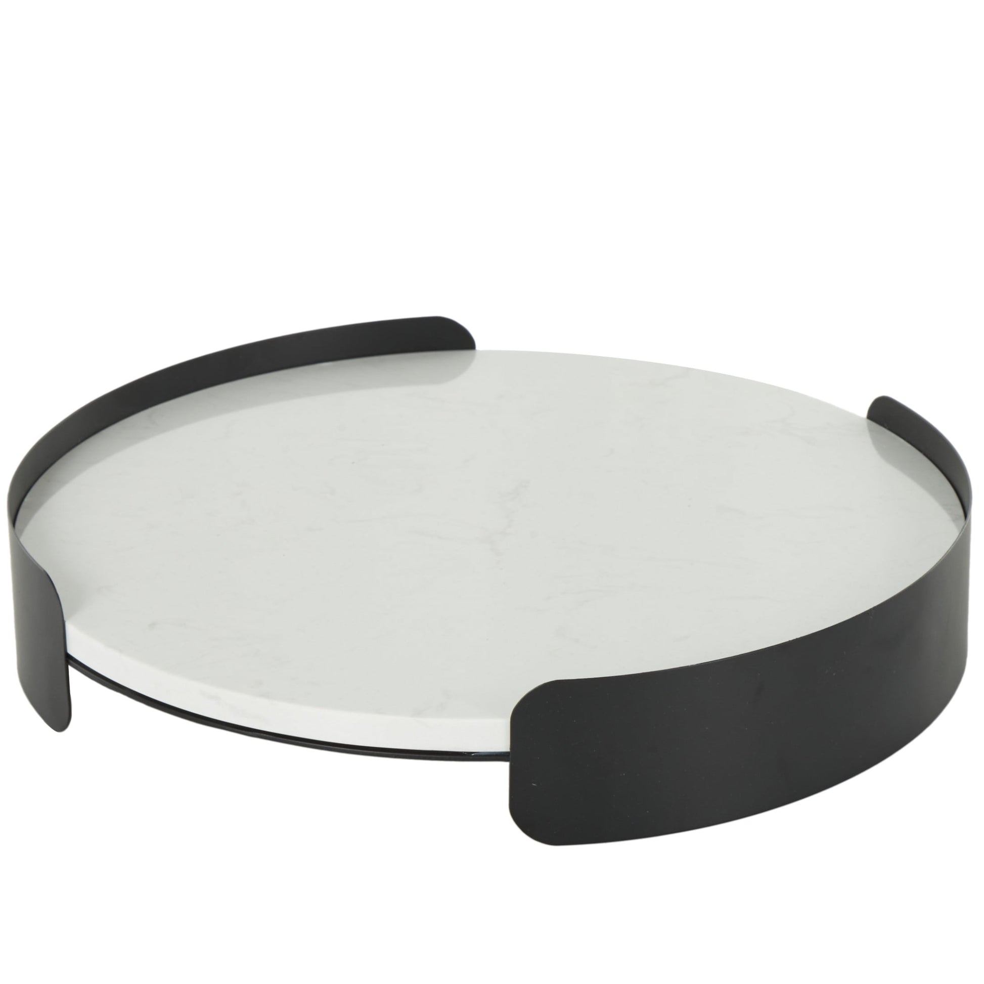 DecMode 16" x 16" White Marble Round Tray with Black Metal Frame, 1-Piece