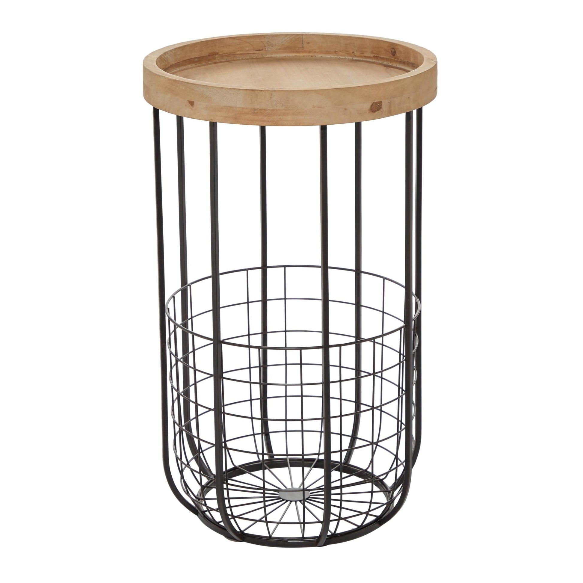 DecMode 16" x 26" Black Metal Wire Basket Storage Accent Table with Brown Wood Top, 1-Piece