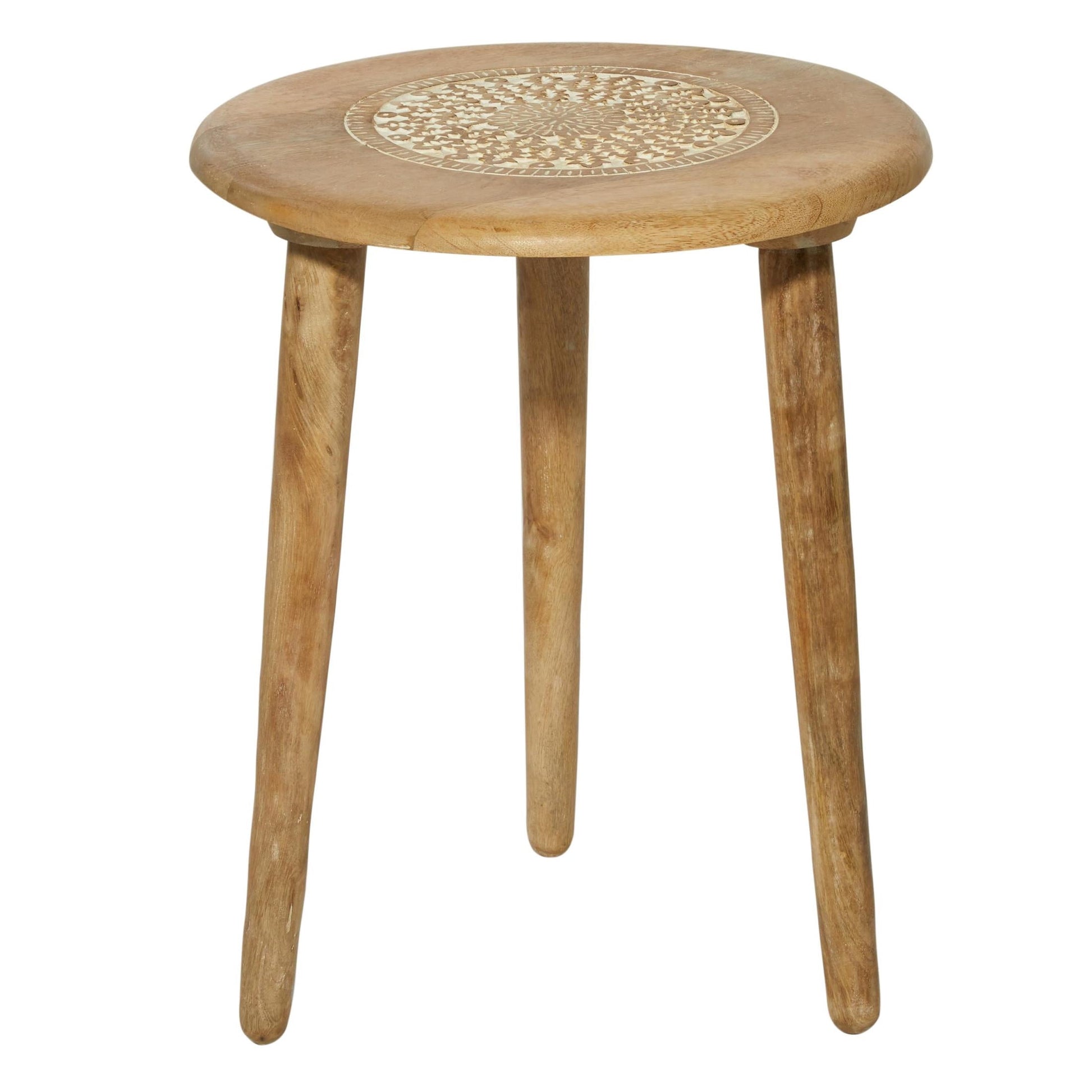 DecMode 17" x 22" Brown Mango Wood Handmade Intricately Carved Floral Accent Table with Tripod Legs, 1-Piece