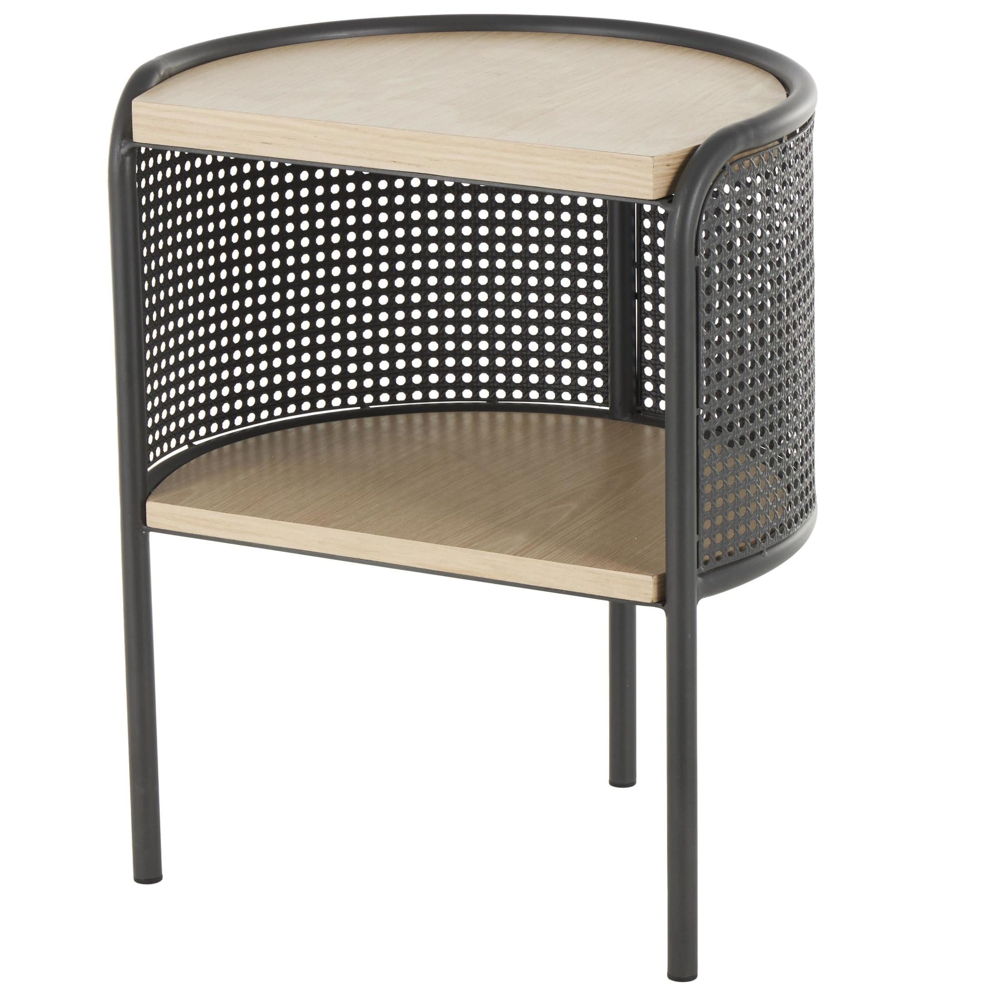 DecMode 18" x 22" Light Brown Wooden Half-Moon Two- Toned Accent Table with Mesh Back Panel and Brown Wood Tabletop, 1-Piece
