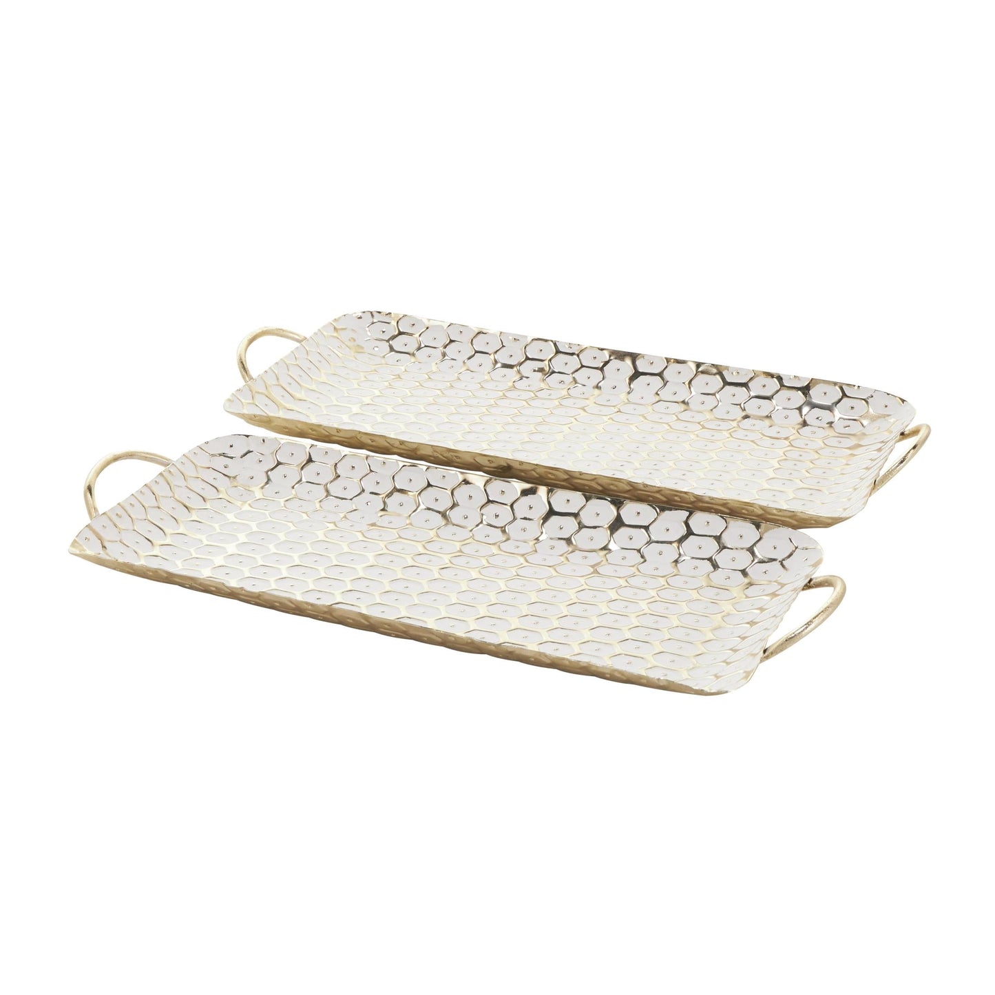 DecMode 19", 19"W Gold Metal Geometric Dot Geometric Tray with White Accents, 2-Pieces