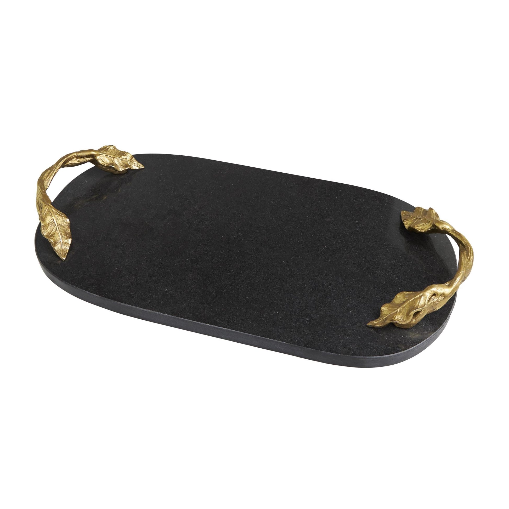 DecMode 19" x 10" Black Marble Oval Leaf Tray with Gold Twisted Metal Handles, 1-Piece
