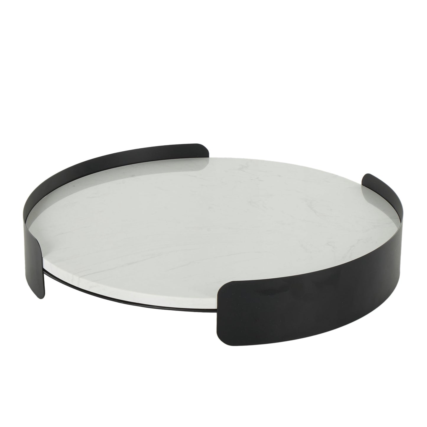 DecMode 19" x 19" White Marble Round Tray with Black Metal Frame, 1-Piece