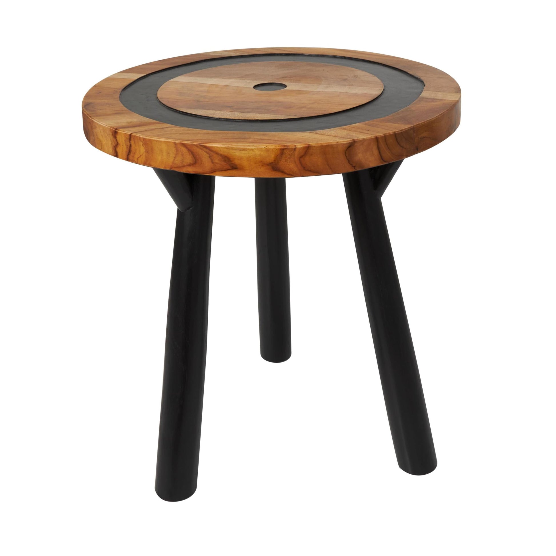 DecMode 20" x 22" Brown Teak Wood Layered Circle Geometric Accent Table with Black Legs, 1-Piece