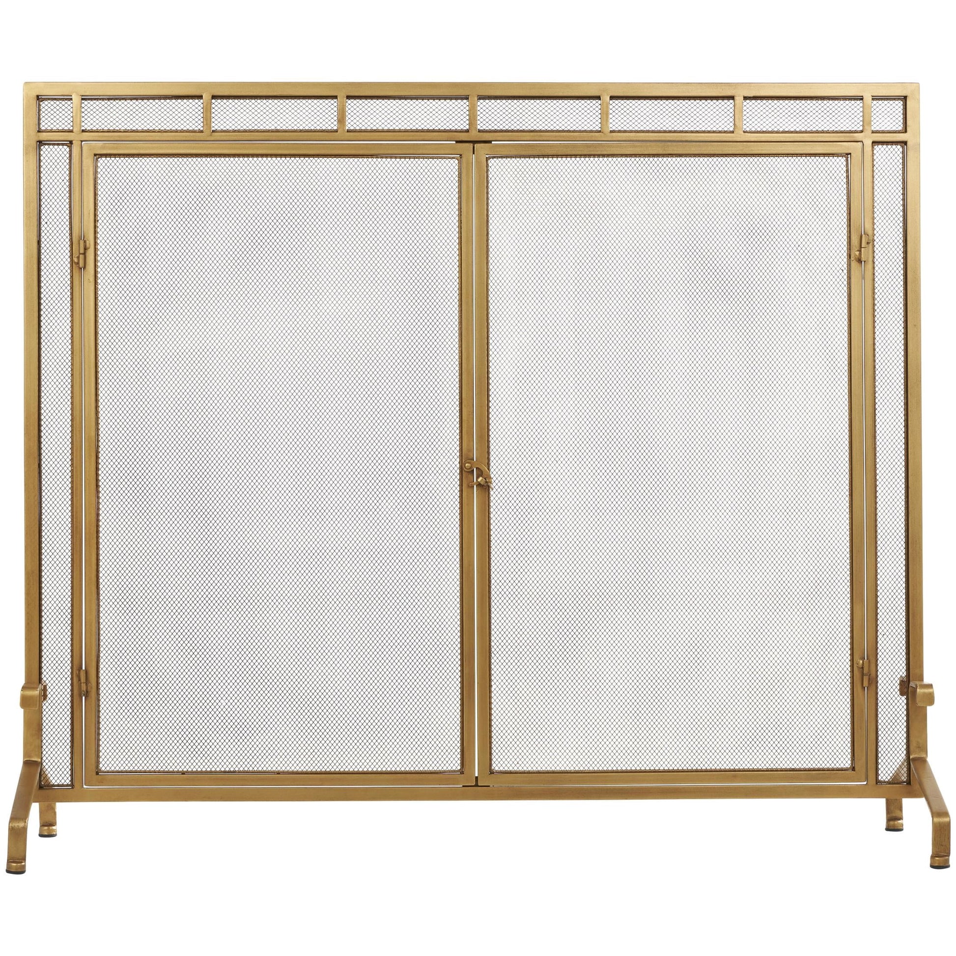 DecMode 39" x 34" Gold Metal Geometric Single Panel Fireplace Screen with Latched Doors and Arched feet