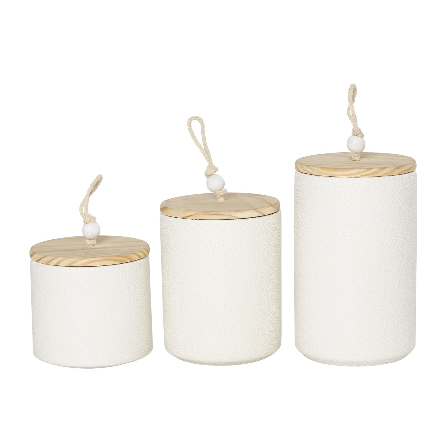 DecMode 9", 7", 5"H Cream Ceramic Spotted Textured Canisters with Brown Wood Lids and Beaded Accents, 3-Pieces