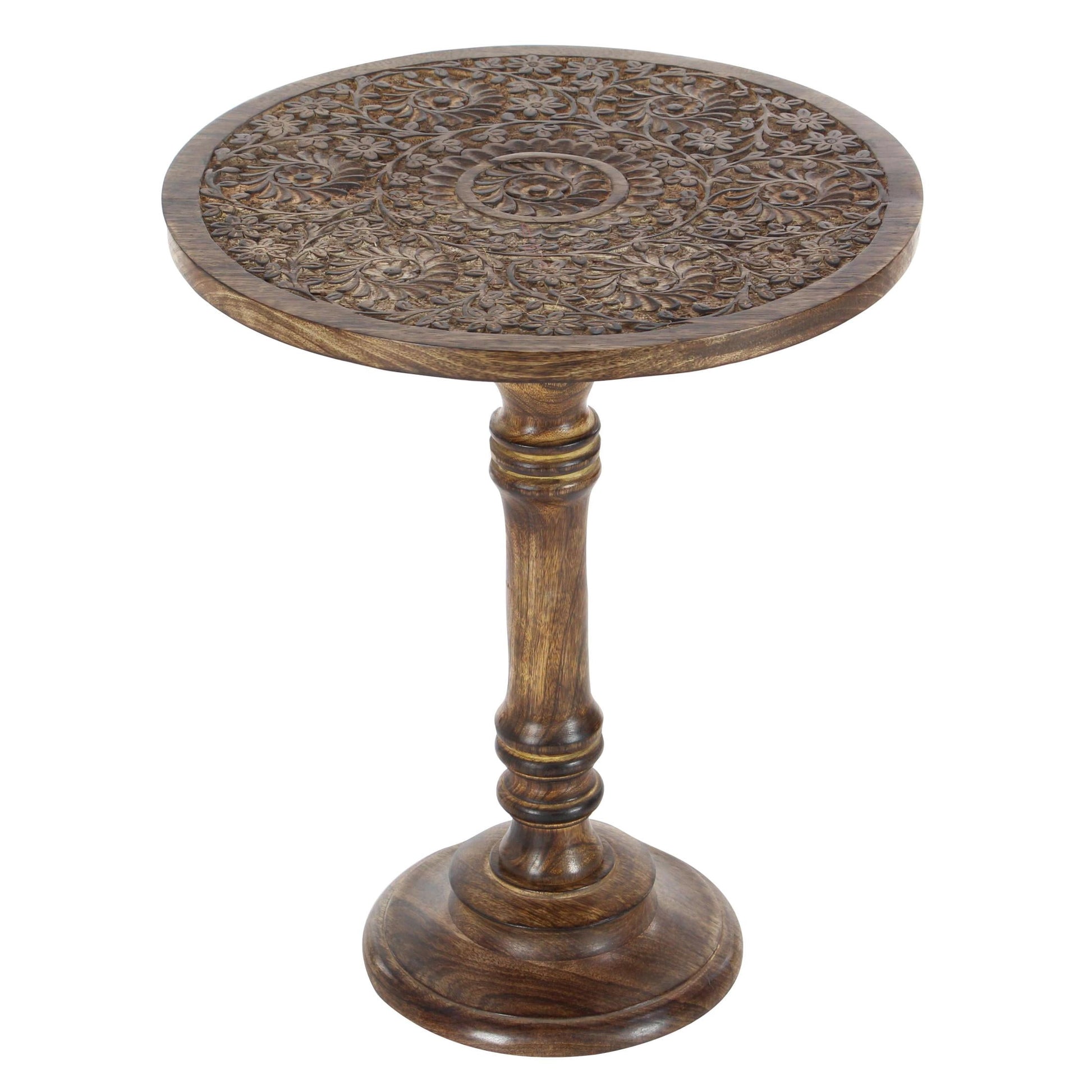 DecMode 17" x 21" Dark Brown Mango Wood Handmade Intricately Carved Elephant Accent Table with Turned Base, 1-Piece