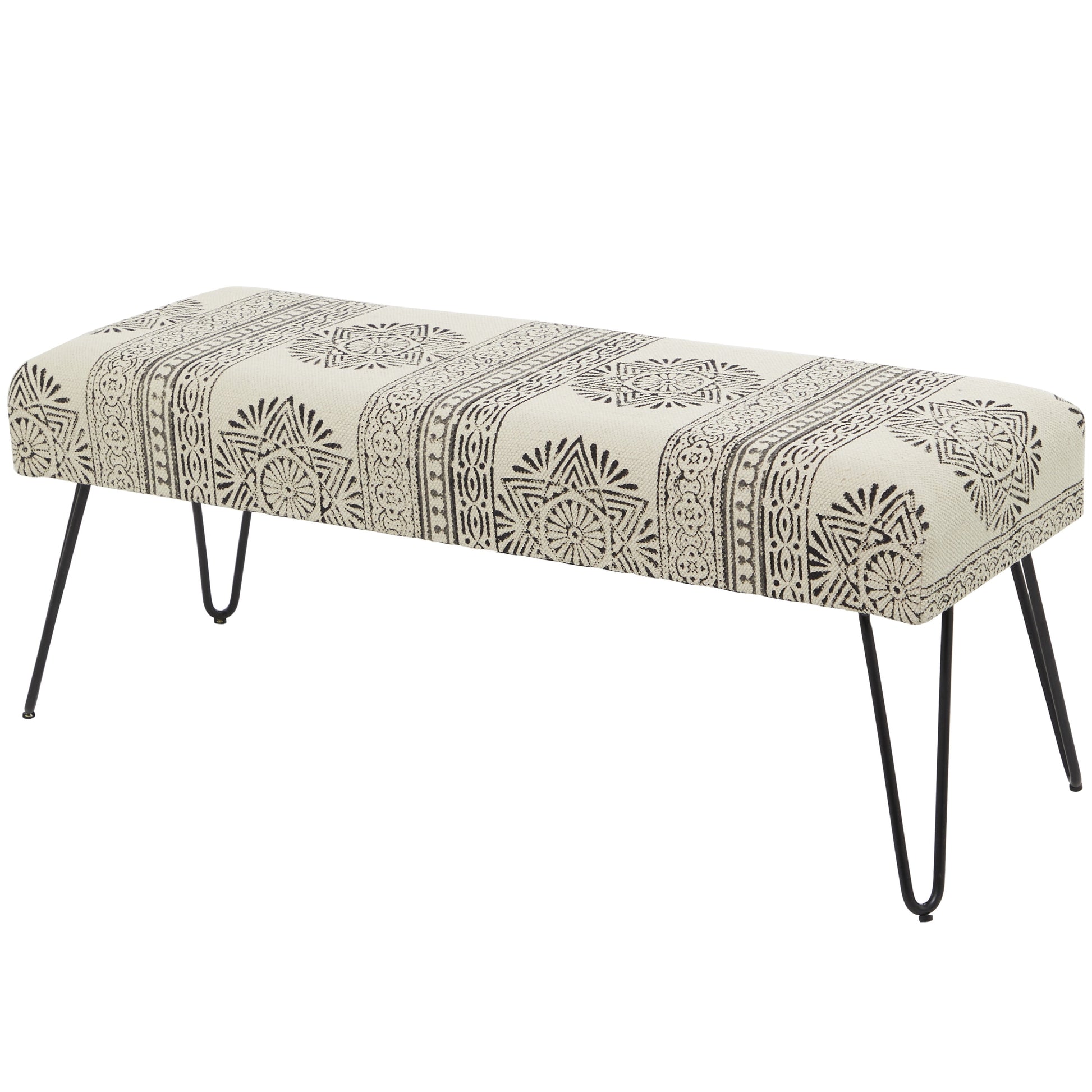 DecMode Metal Floral Bench with Metal Hairpin Legs, White