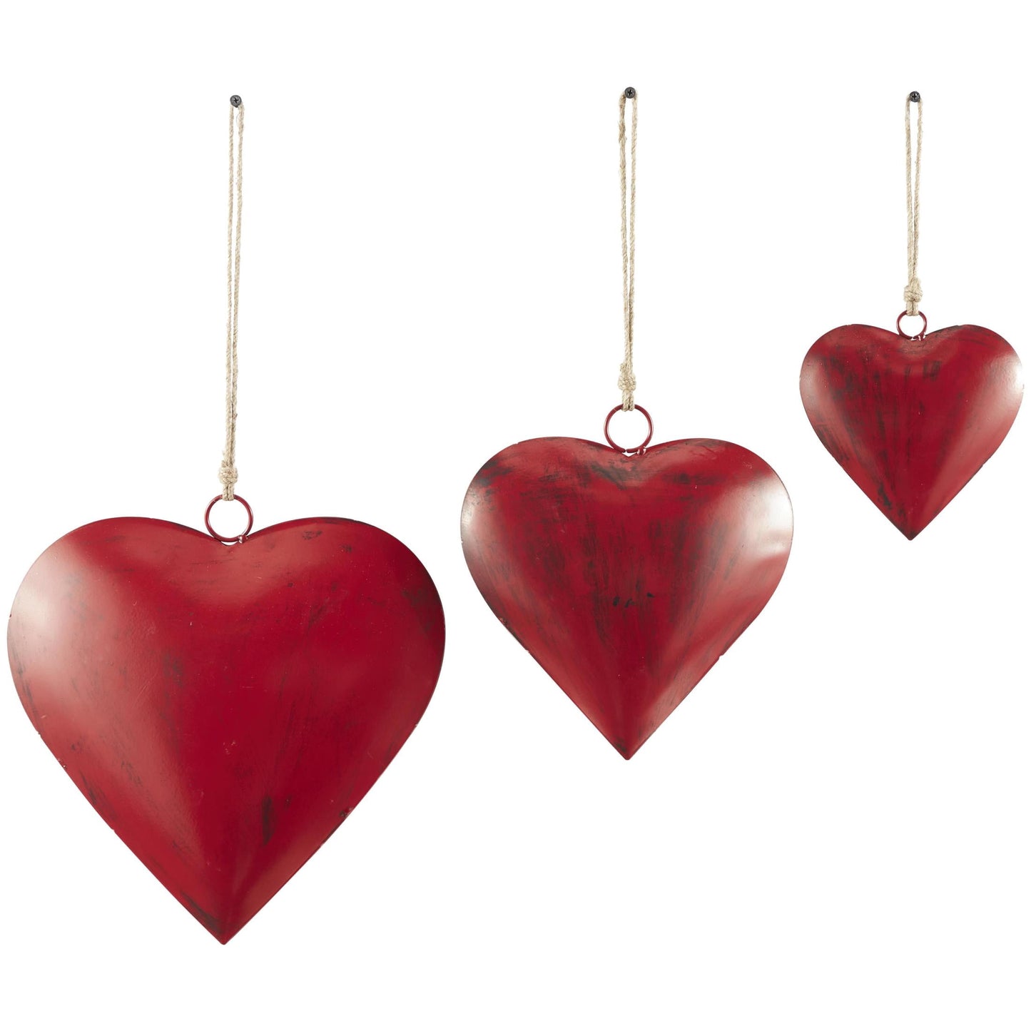 DecMode Tibetan Inspired Red Metal Heart Decorative Bells with Jute Hanging Rope, 3 Count