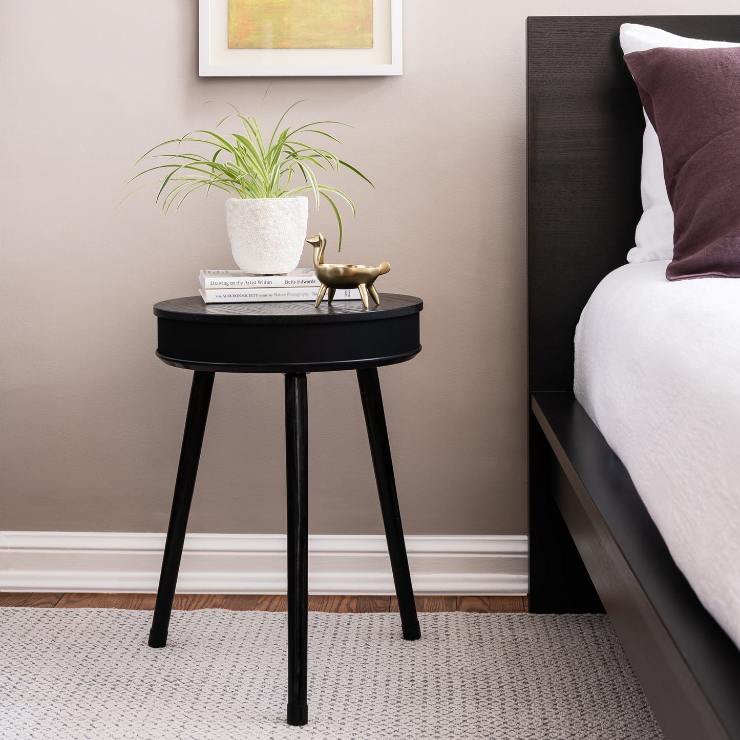 DecorTech Round End Table with Bluetooth Speaker and USB Charging Port, Black