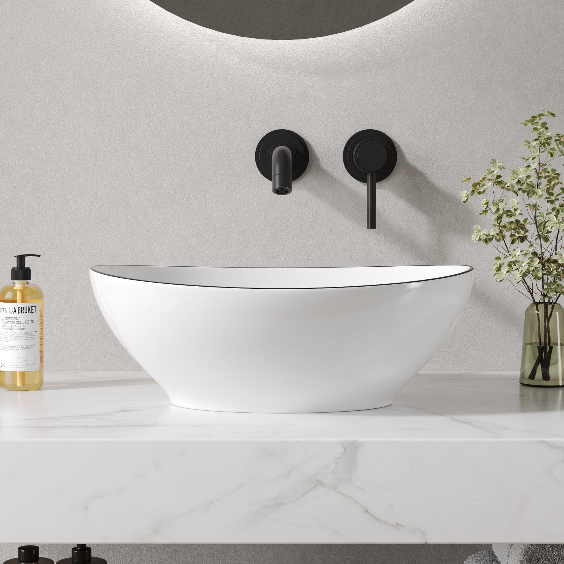 DeerValley Oval White Ceramic Vessel Basin - Modern Egg Shape Above Counter Bathroom Vanity Bowl, Porcelain Bathroom Vessel Vanity Basin Art Basin with Black Rim, DV-1V0333