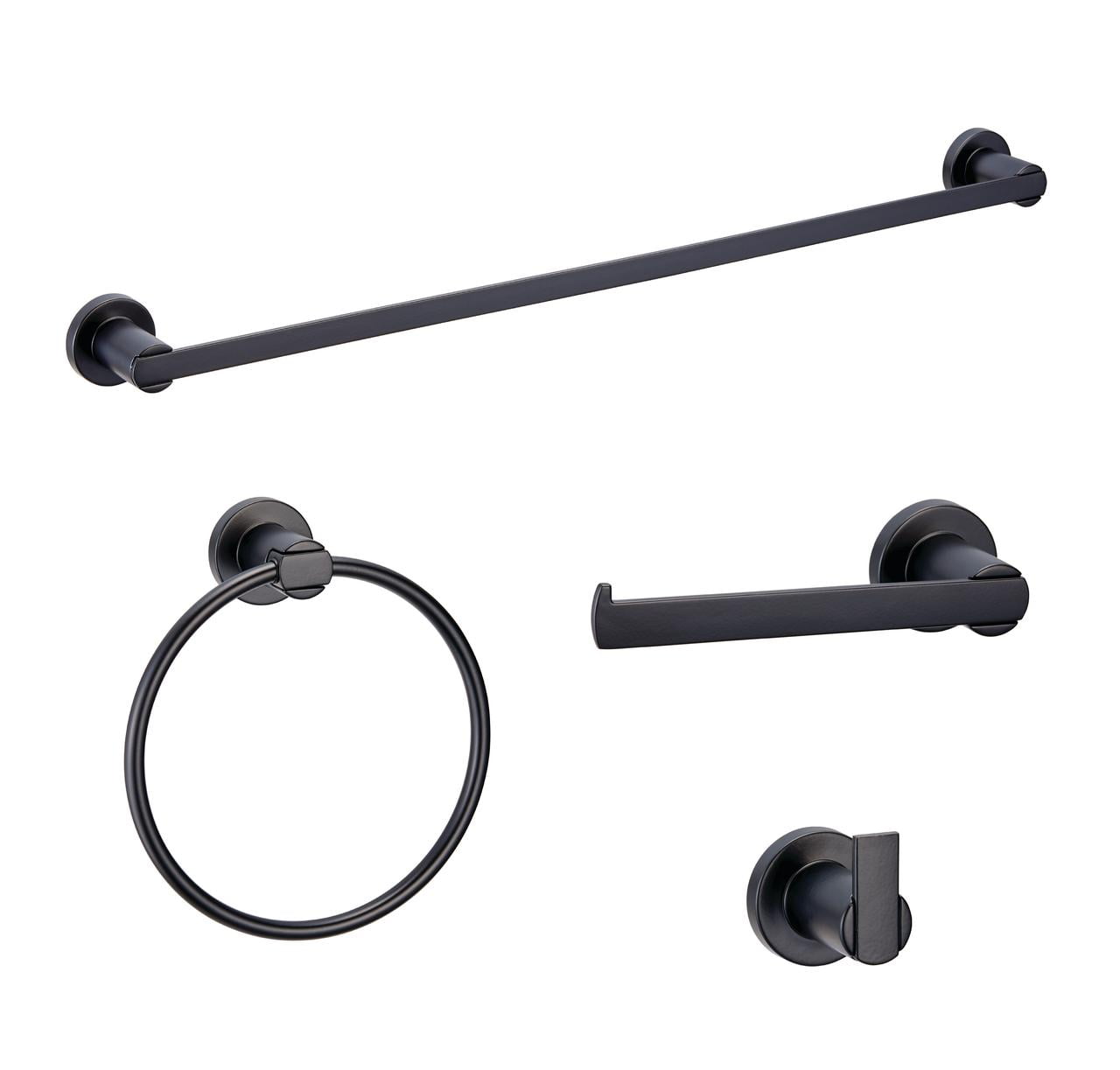 Design House Eastport Modern Matte Black 4-Piece Bathroom Set with Towel Bar, Towel Ring, Robe Hook & Toilet Paper Holder