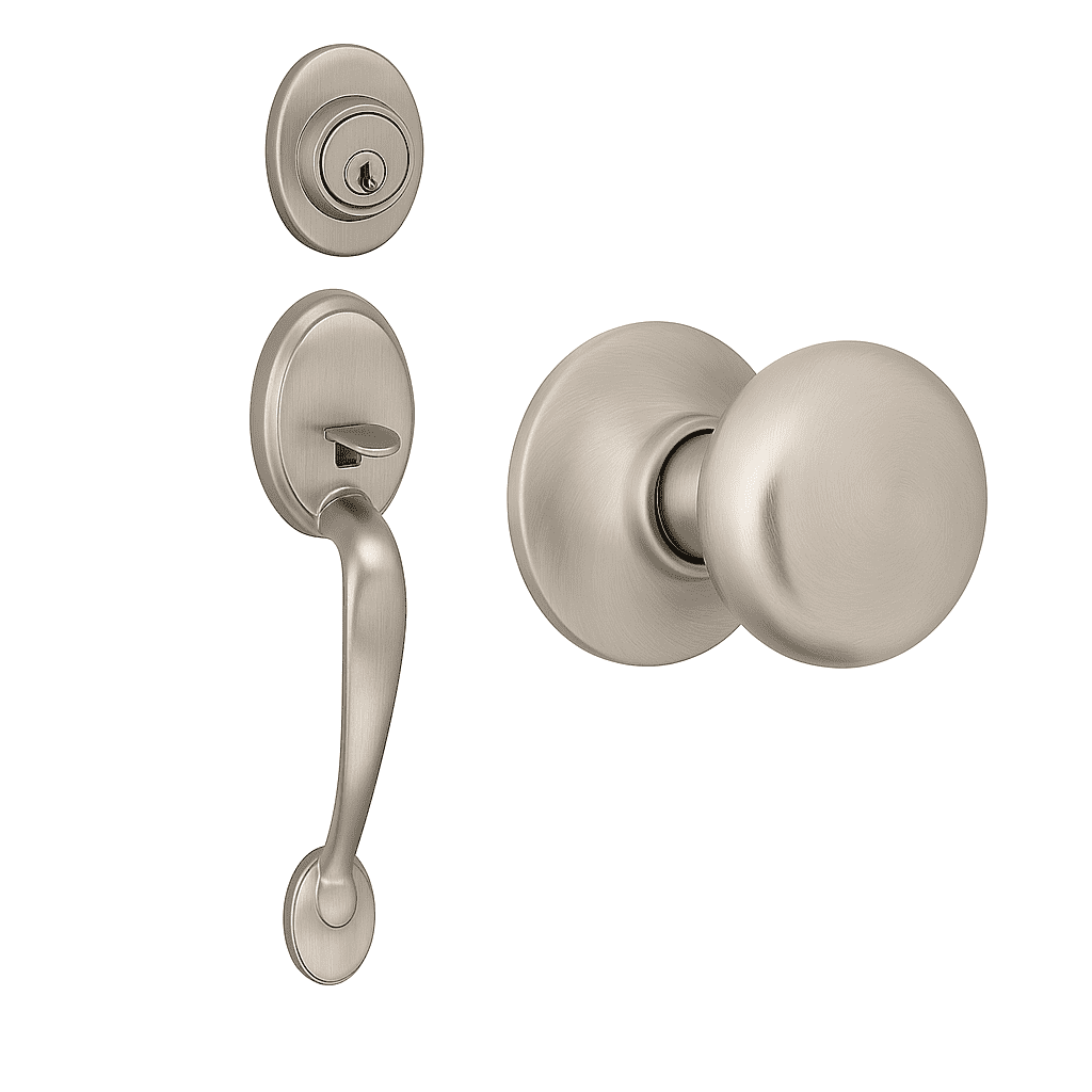 Design House Coventry Entry Single Cylinder Handleset Brass Satin Nickel with Cambridge Interior Door Knob, 1 Pack
