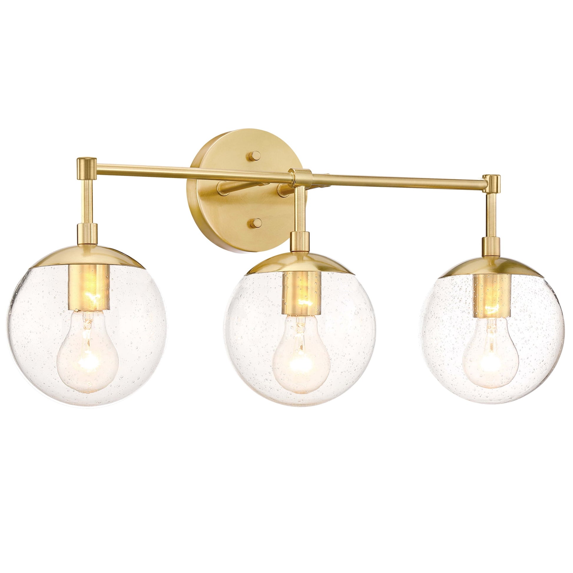 Satin Gold 3-Light Bathroom Vanity Light, Clear Seedy Glass Globe Shades, Dimmable
