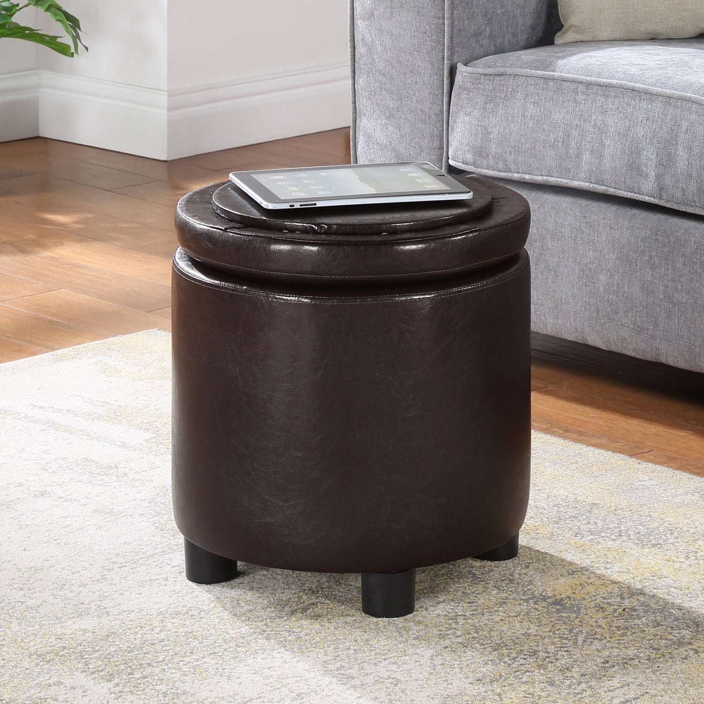 Designs4Comfort Round Accent Storage Ottoman with Reversible Tray Lid, Espresso Faux Leather