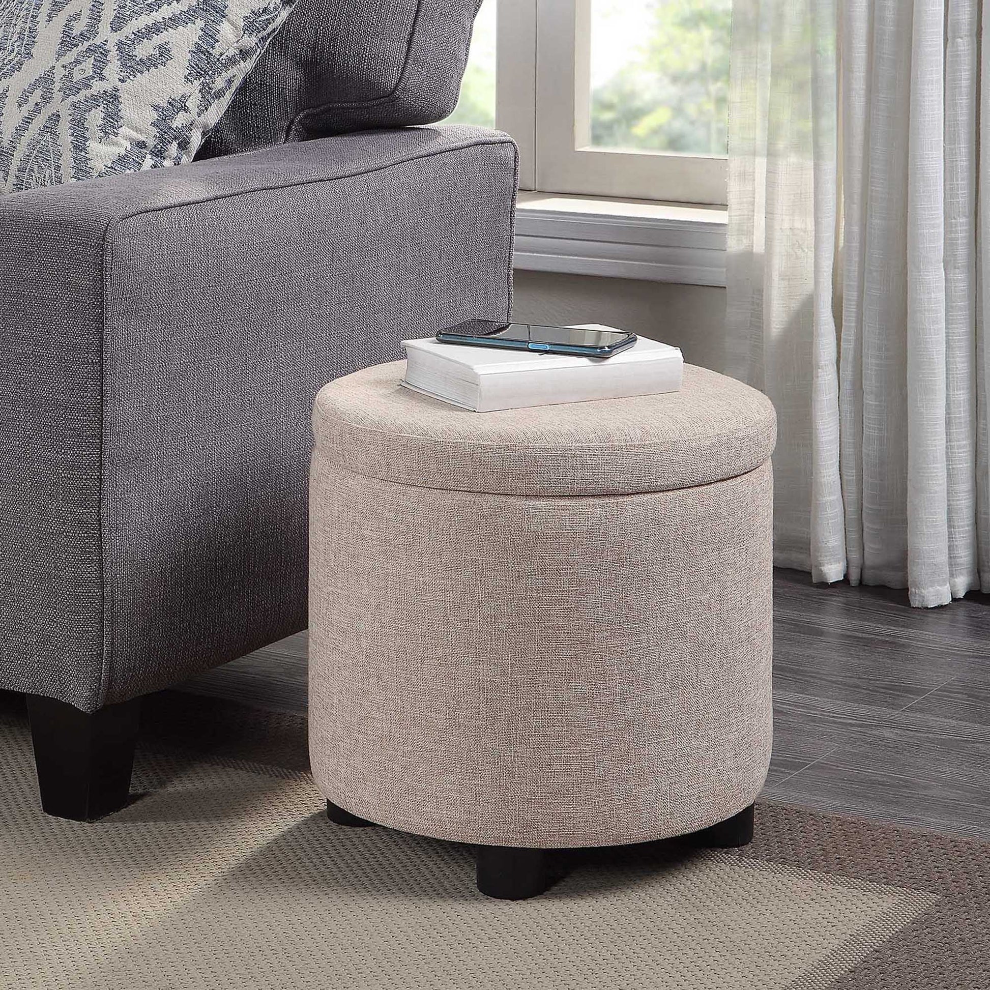 Designs4Comfort Round Accent Storage Ottoman with Reversible Tray Lid, Tan Fabric