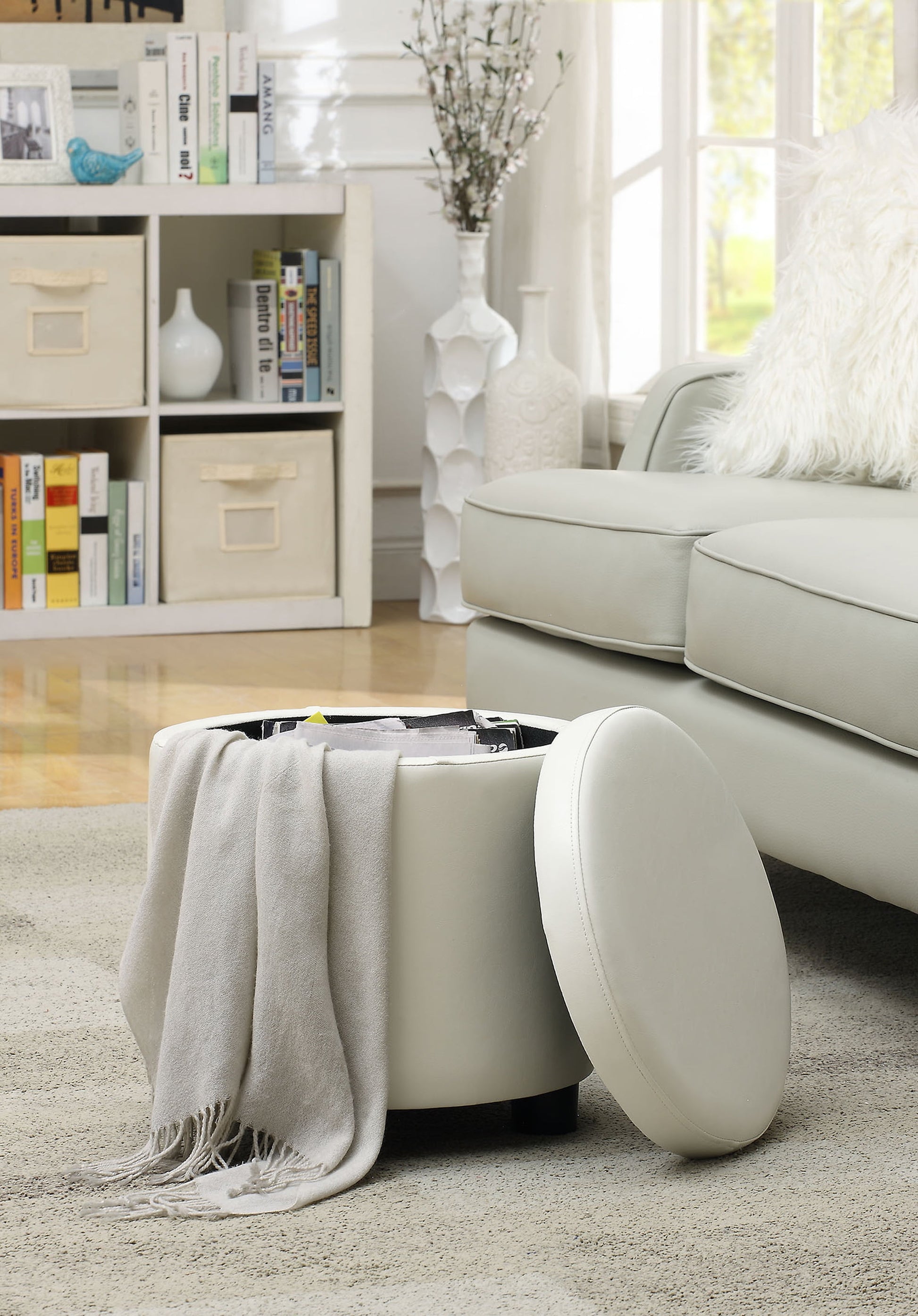Designs4Comfort Round Storage Ottoman with Reversible Tray Lid, Ivory Faux Leather