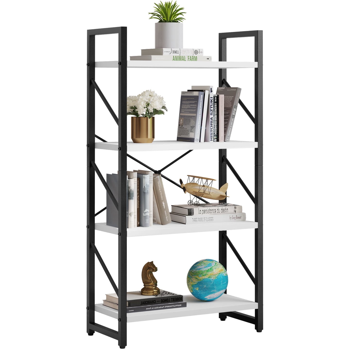 Dextrus 3-Tier Bookshelf, Ladder Bookcase, Industrial Freestanding Modern Open Display Storage Organizer Book Shelves ,Black and White