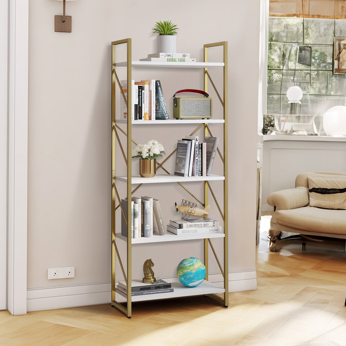 Dextrus 5-Tier Bookshelf, Gold Bookcase, Industrial Freestanding Book Shelf Modern Open Display Storage Organizer Book Shelves for Bedroom, Living Room and Home Office, Gold & White